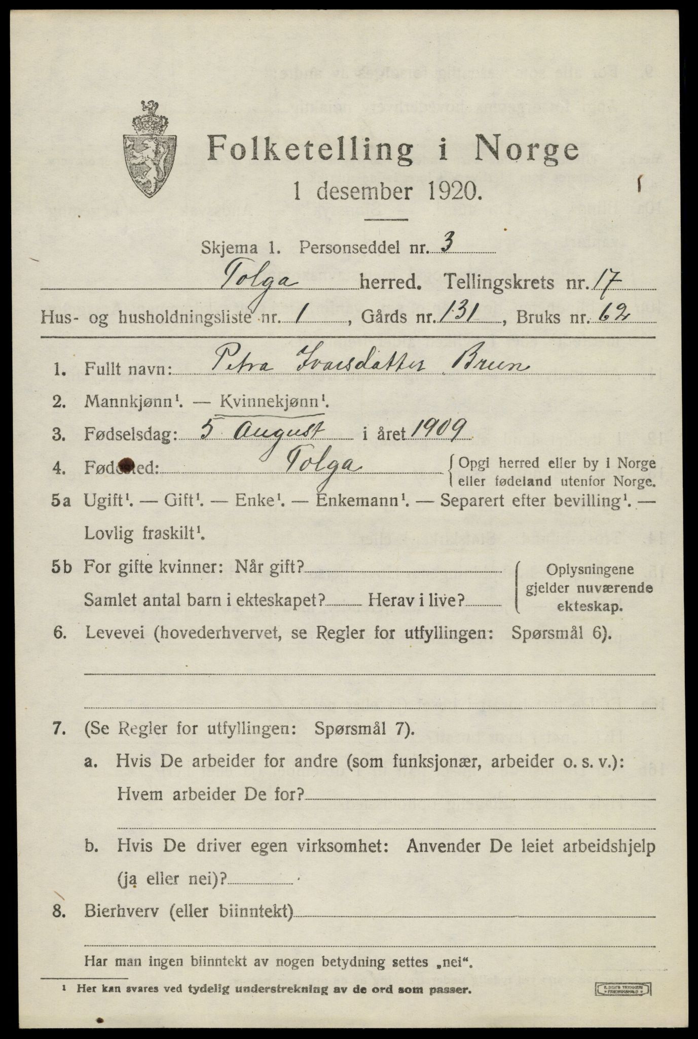 SAH, 1920 census for Tolga, 1920, p. 7815