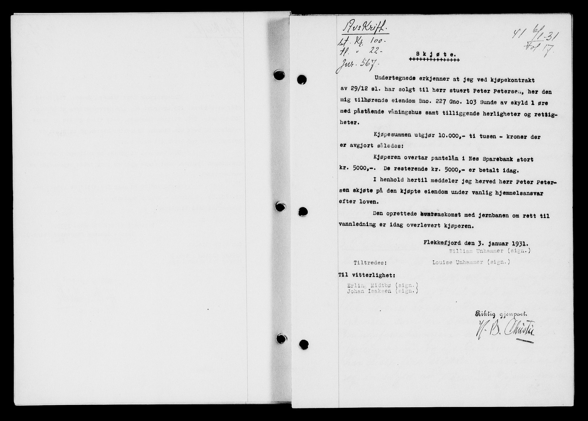 Flekkefjord sorenskriveri, AV/SAK-1221-0001/G/Gb/Gba/L0046: Mortgage book no. 44, 1930-1931, Deed date: 20.01.1931