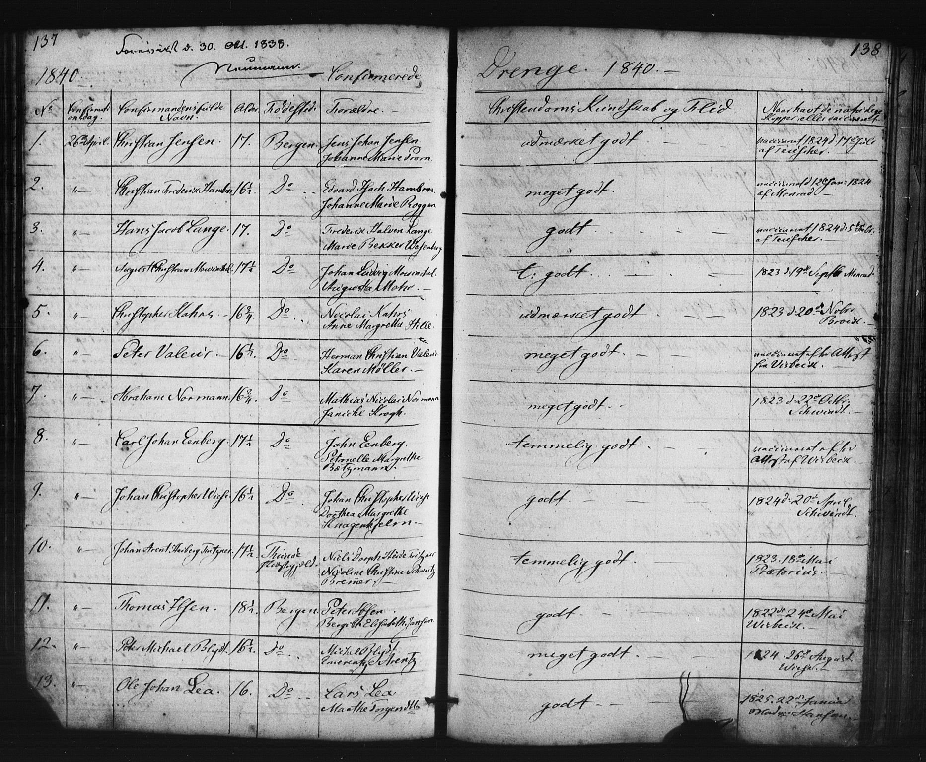 Domkirken sokneprestembete, SAB/A-74801/H/Haa/L0063: Curate's parish register no. A 1, 1821-1848, p. 137-138