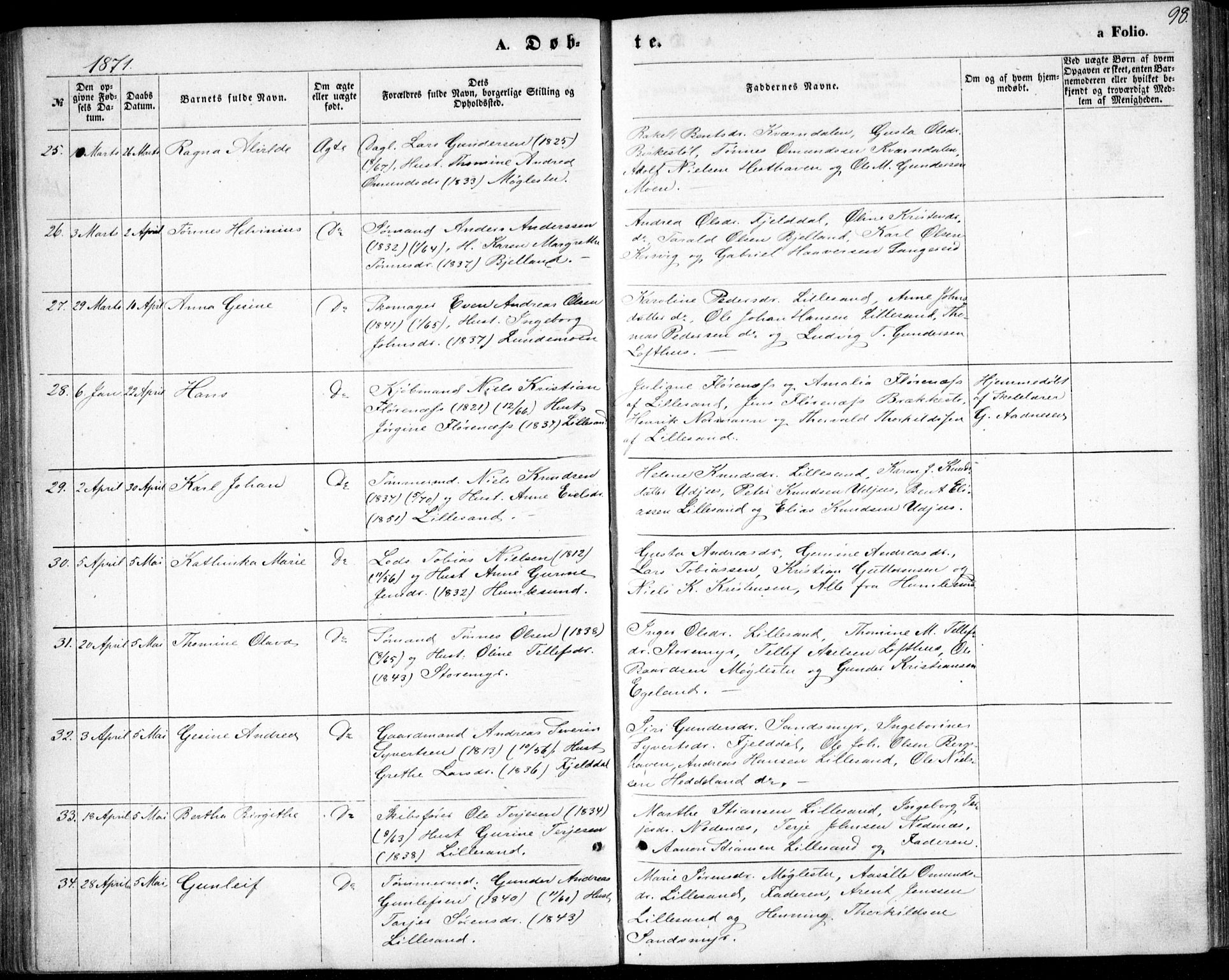 Vestre Moland sokneprestkontor, AV/SAK-1111-0046/F/Fb/Fbb/L0004: Parish register (copy) no. B 4, 1861-1872, p. 98