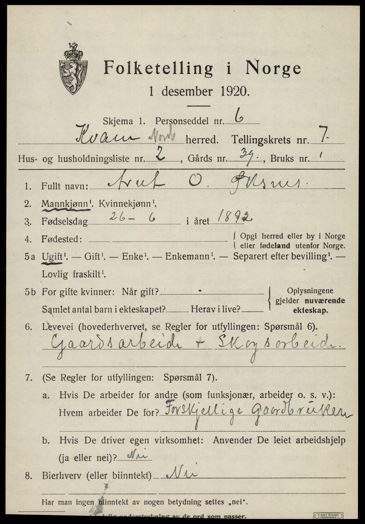 SAT, 1920 census for Kvam, 1920, p. 1821
