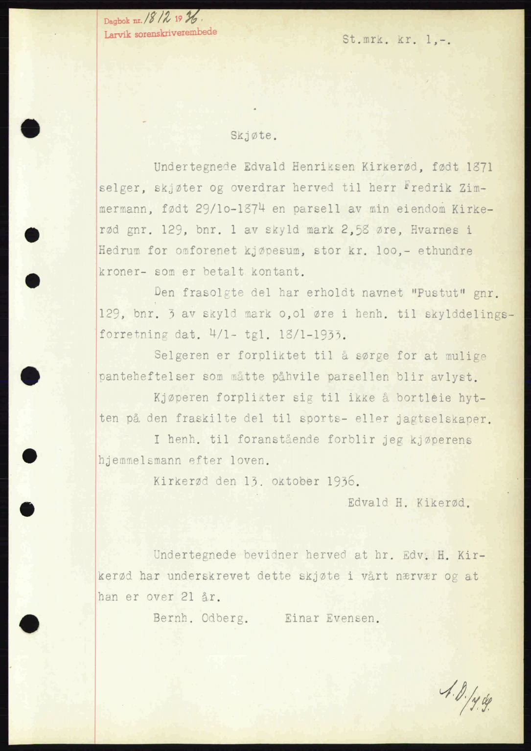 Larvik sorenskriveri, SAKO/A-83/G/Ga/Gab/L0067: Mortgage book no. A-1, 1936-1937, Diary no: : 1812/1936