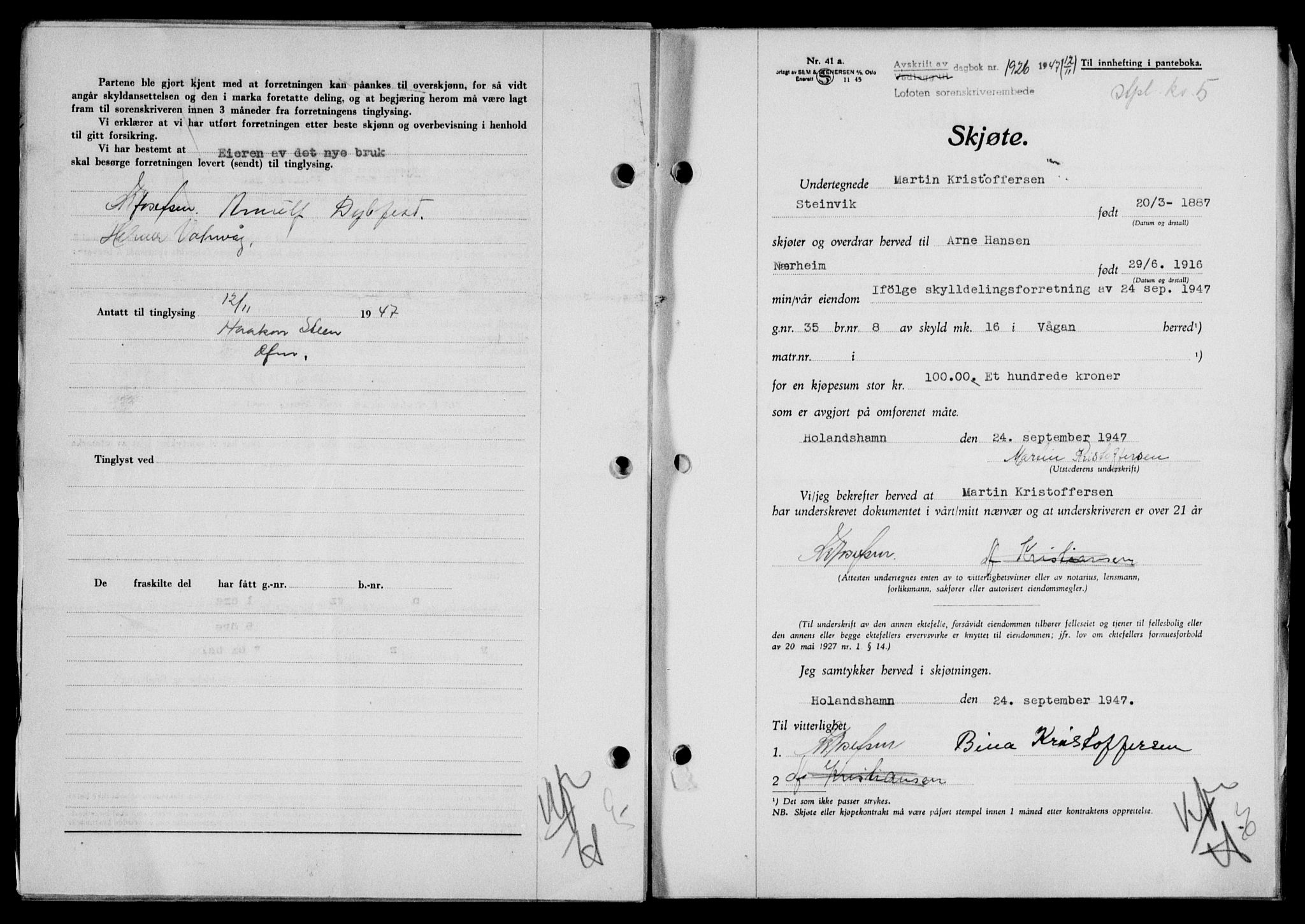 Lofoten sorenskriveri, SAT/A-0017/1/2/2C/L0017a: Mortgage book no. 17a, 1947-1948, Diary no: : 1926/1947