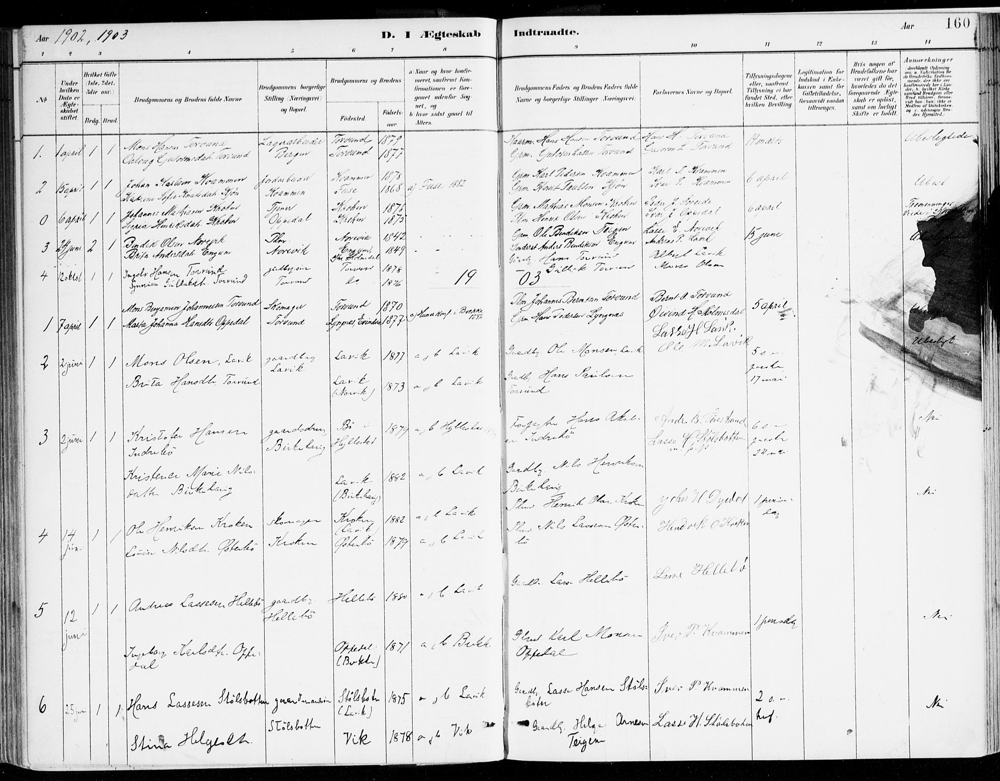 Lavik sokneprestembete, AV/SAB-A-80901: Parish register (official) no. B 1, 1882-1908, p. 160