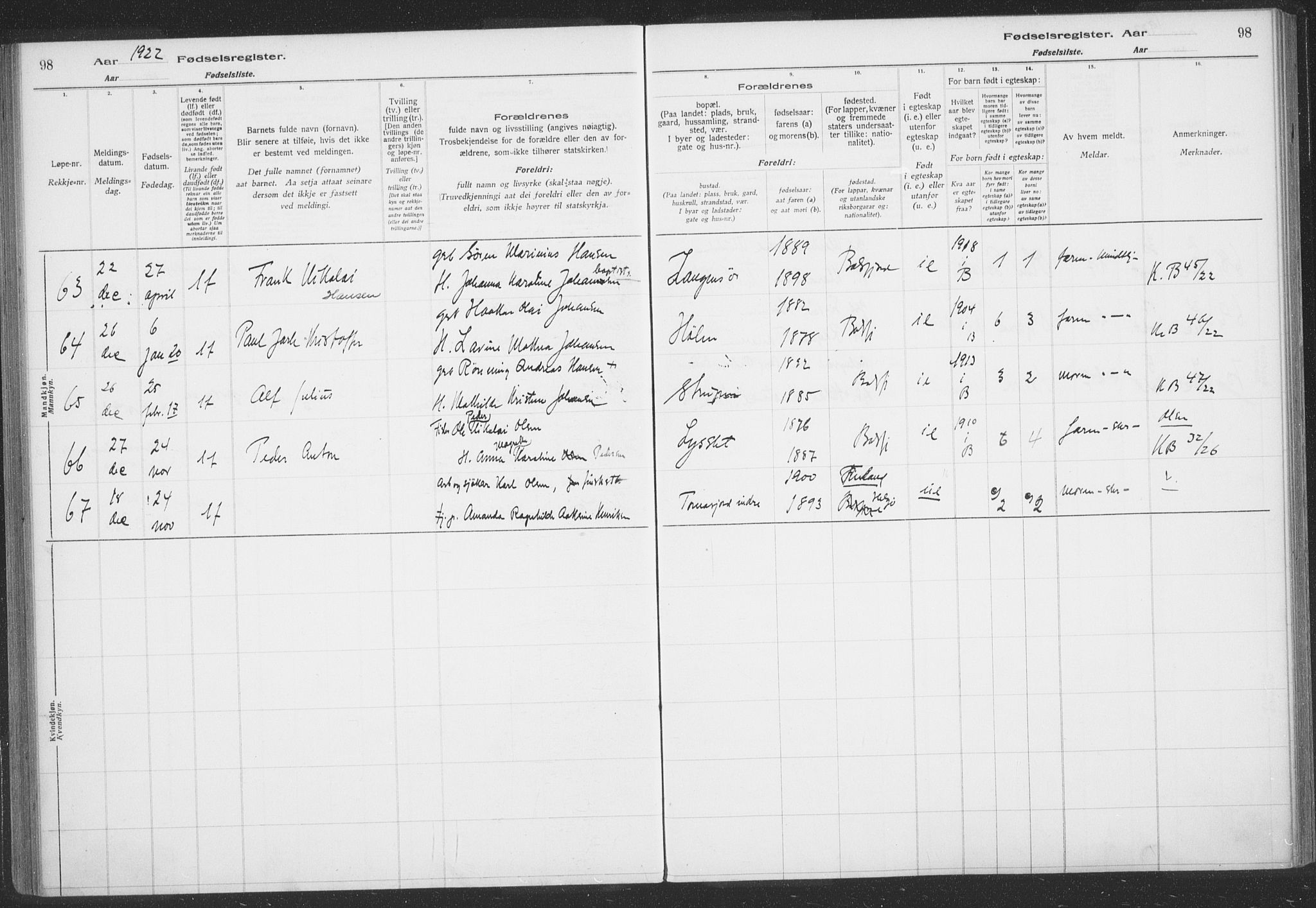 Balsfjord sokneprestembete, AV/SATØ-S-1303/H/Hb/L0059: Birth register no. 59, 1916-1930, p. 98