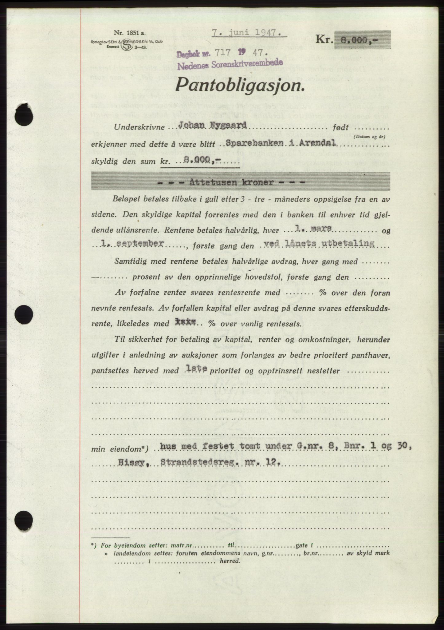 Nedenes sorenskriveri, AV/SAK-1221-0006/G/Gb/Gbb/L0004: Mortgage book no. B4, 1947-1947, Diary no: : 717/1947