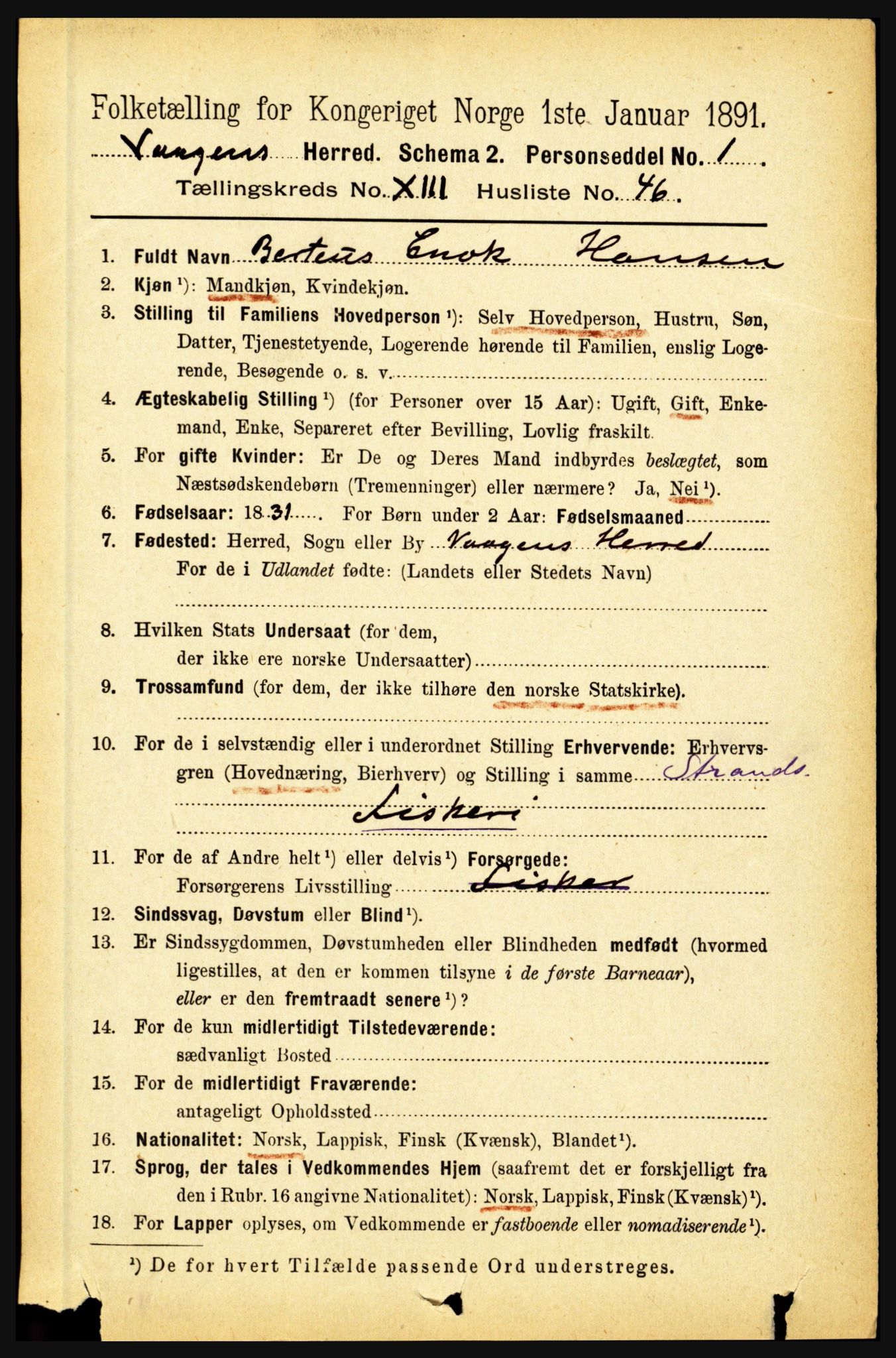 RA, 1891 census for 1865 Vågan, 1891, p. 3601