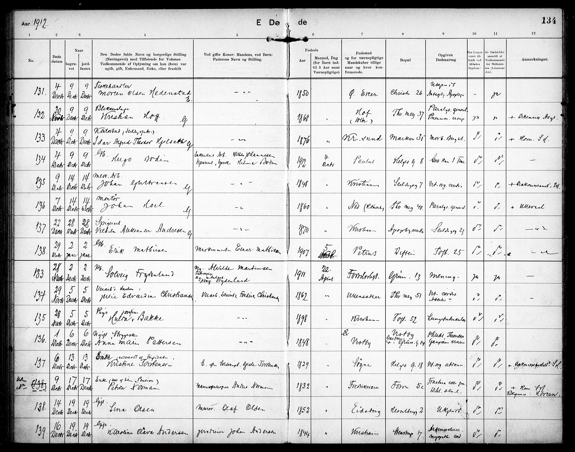 Paulus prestekontor Kirkebøker, AV/SAO-A-10871/F/Fa/L0018: Parish register (official) no. 18, 1906-1915, p. 134