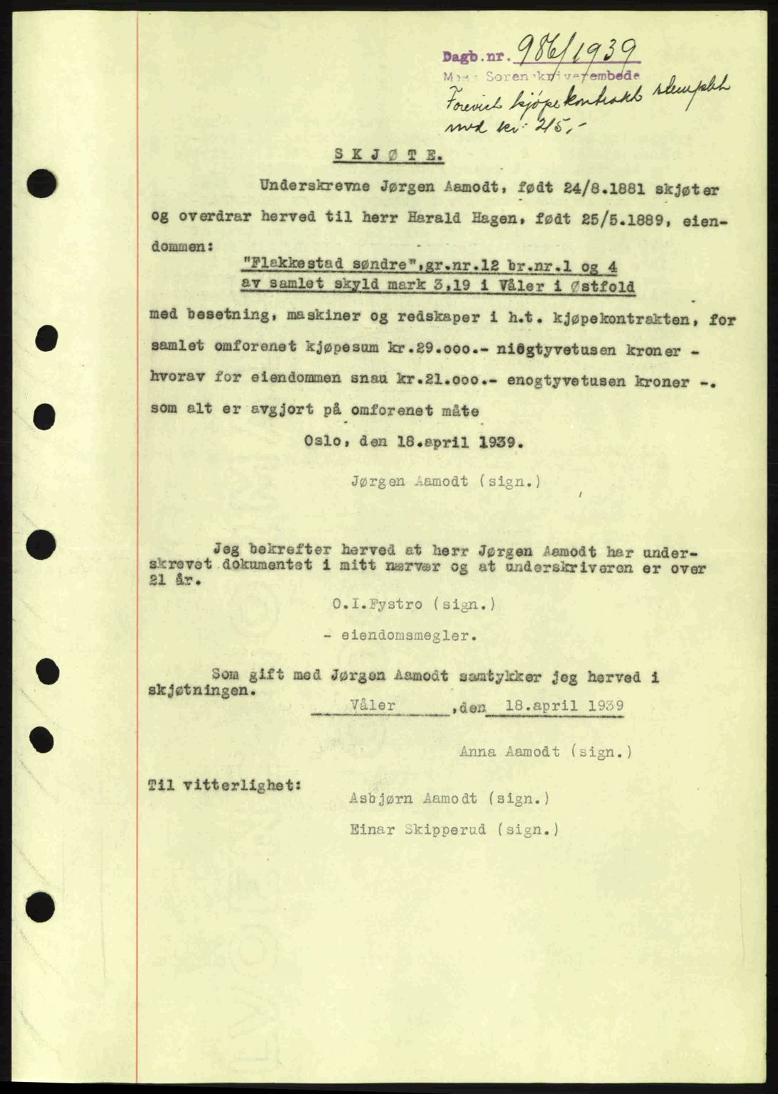 Moss sorenskriveri, SAO/A-10168: Mortgage book no. A5, 1938-1939, Diary no: : 986/1939