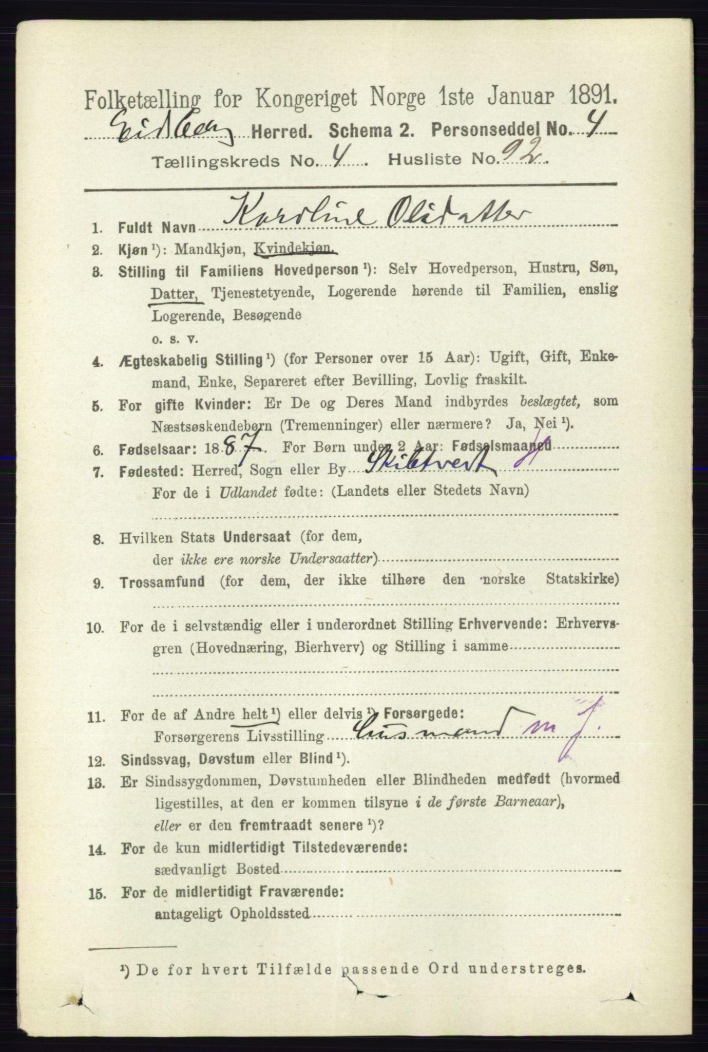 RA, 1891 census for 0125 Eidsberg, 1891, p. 2919