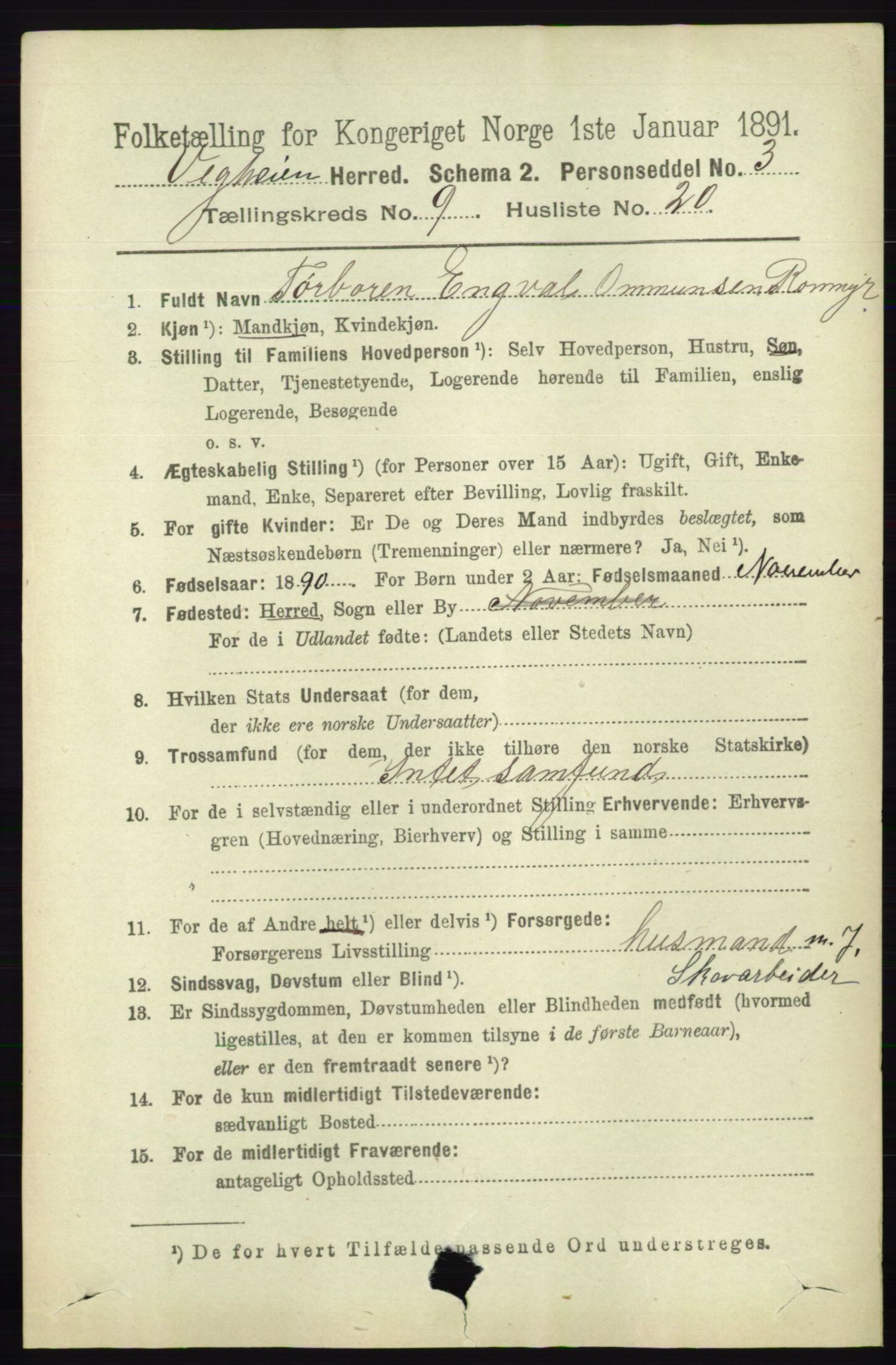 RA, 1891 census for 0912 Vegårshei, 1891, p. 1873