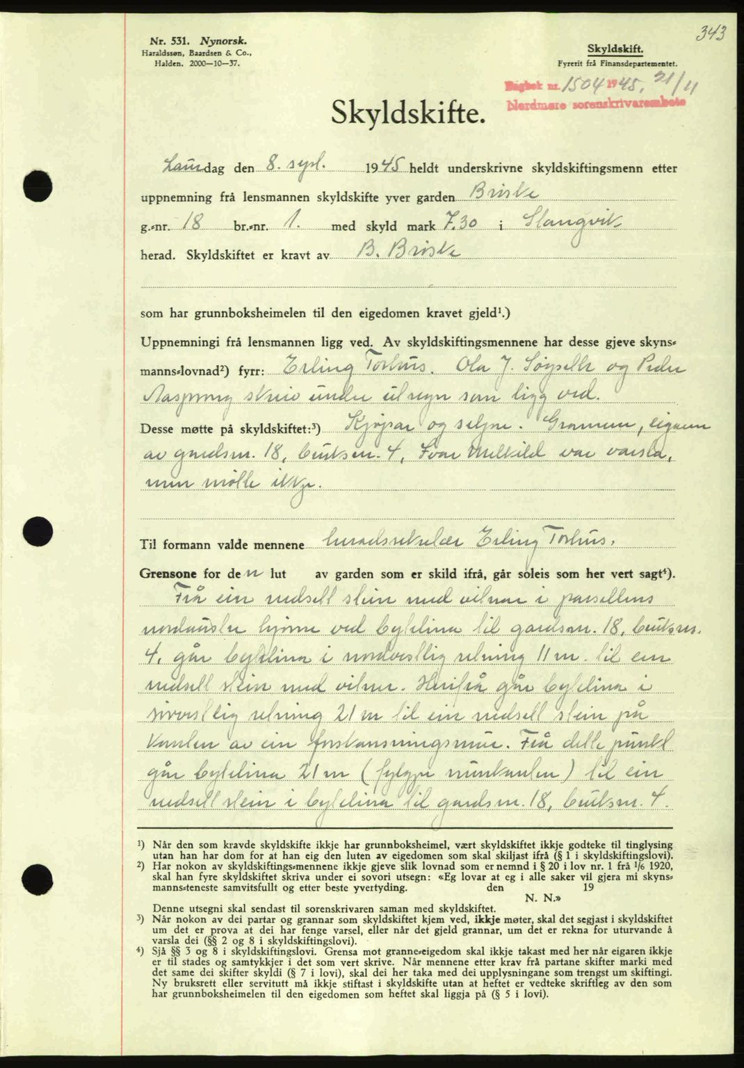 Nordmøre sorenskriveri, AV/SAT-A-4132/1/2/2Ca: Mortgage book no. A100a, 1945-1945, Diary no: : 1504/1945