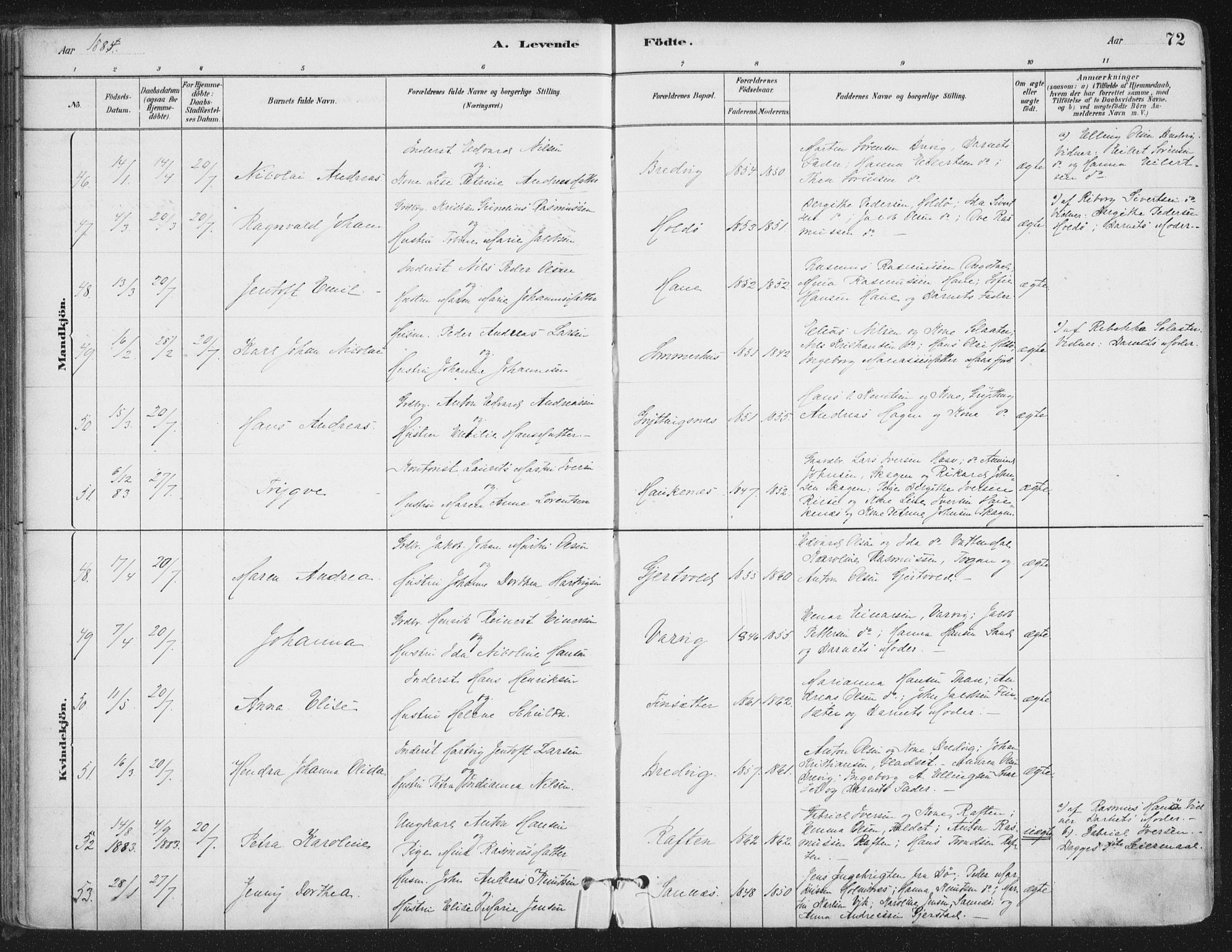 Ministerialprotokoller, klokkerbøker og fødselsregistre - Nordland, SAT/A-1459/888/L1244: Parish register (official) no. 888A10, 1880-1890, p. 72