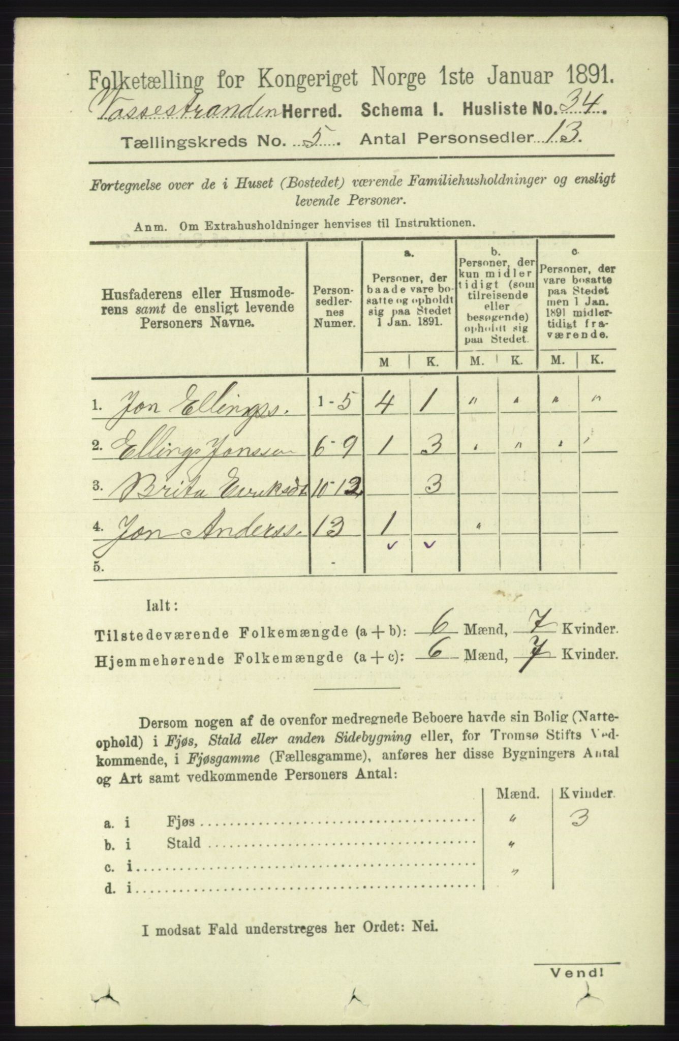 RA, 1891 census for 1236 Vossestrand, 1891, p. 1884