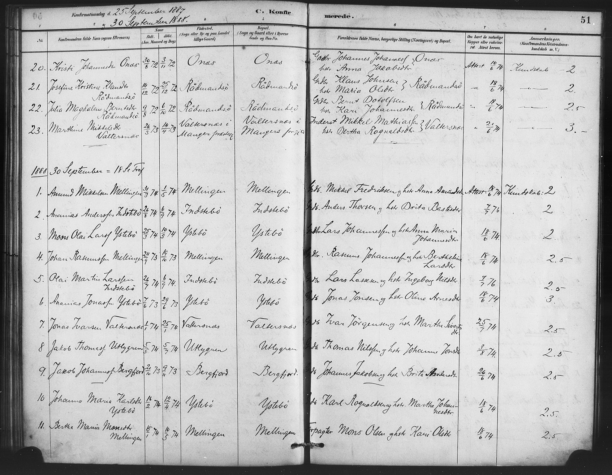 Lindås Sokneprestembete, SAB/A-76701/H/Haa: Parish register (official) no. E 1, 1886-1897, p. 51