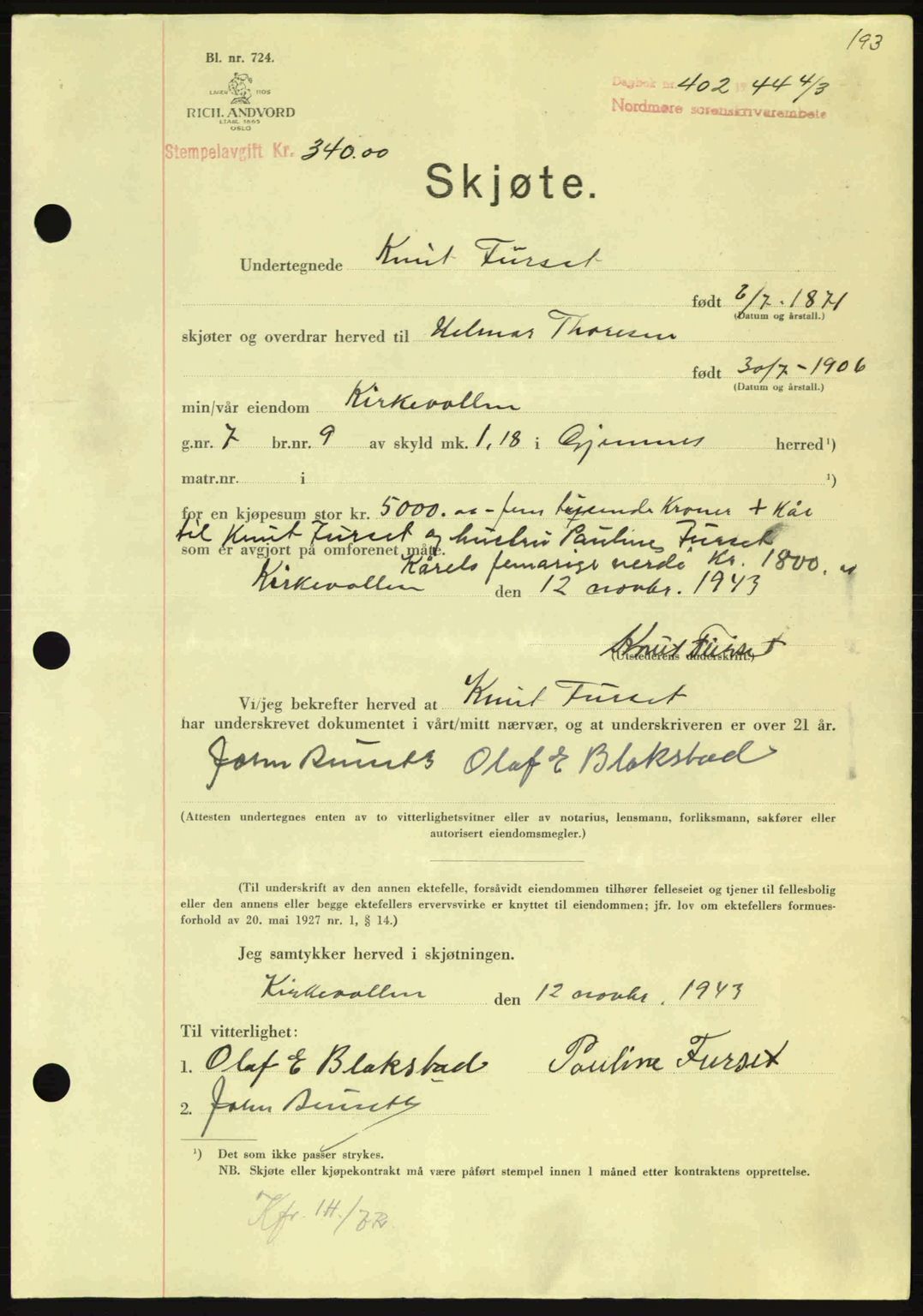 Nordmøre sorenskriveri, AV/SAT-A-4132/1/2/2Ca: Mortgage book no. A97, 1944-1944, Diary no: : 402/1944