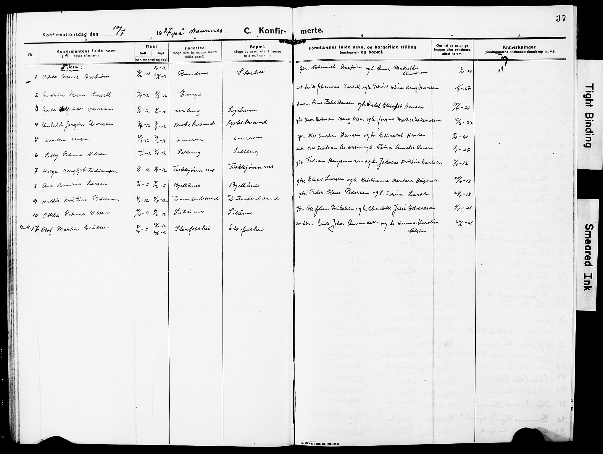 Ministerialprotokoller, klokkerbøker og fødselsregistre - Nordland, AV/SAT-A-1459/827/L0424: Parish register (copy) no. 827C13, 1921-1930, p. 37