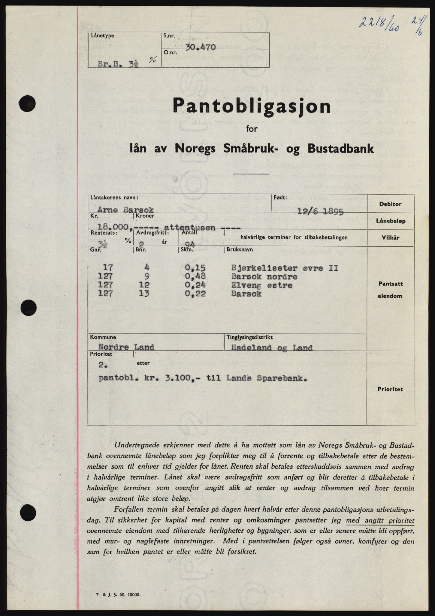 Hadeland og Land tingrett, SAH/TING-010/H/Hb/Hbc/L0043: Mortgage book no. B43, 1960-1960, Diary no: : 2218/1960