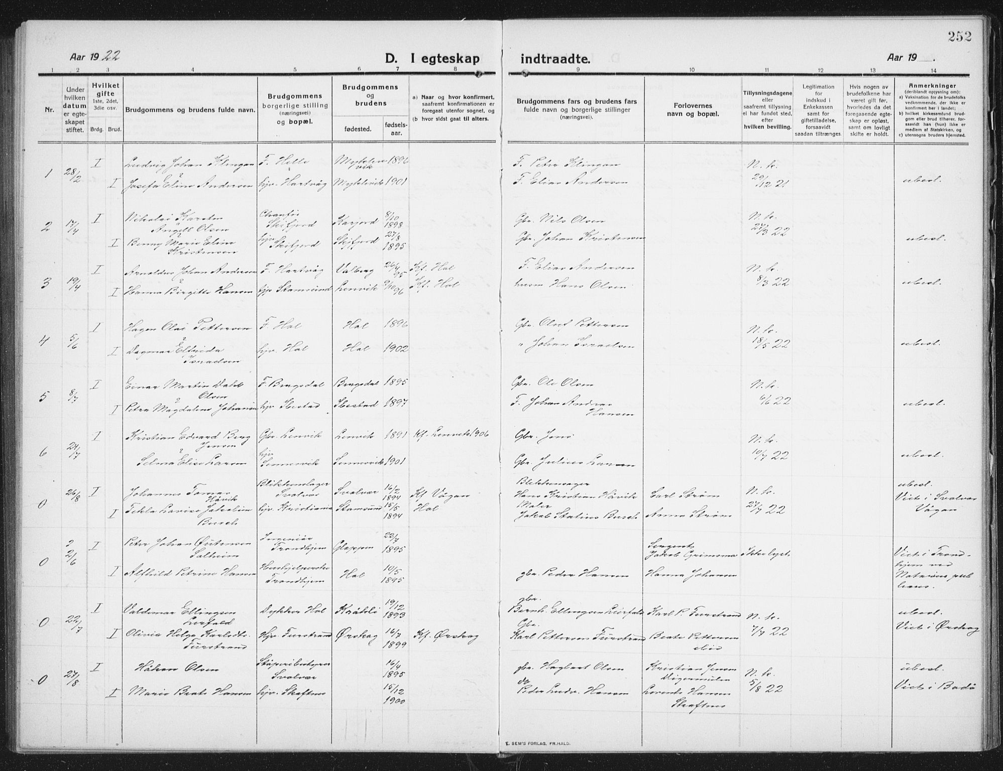 Ministerialprotokoller, klokkerbøker og fødselsregistre - Nordland, AV/SAT-A-1459/882/L1183: Parish register (copy) no. 882C01, 1911-1938, p. 252