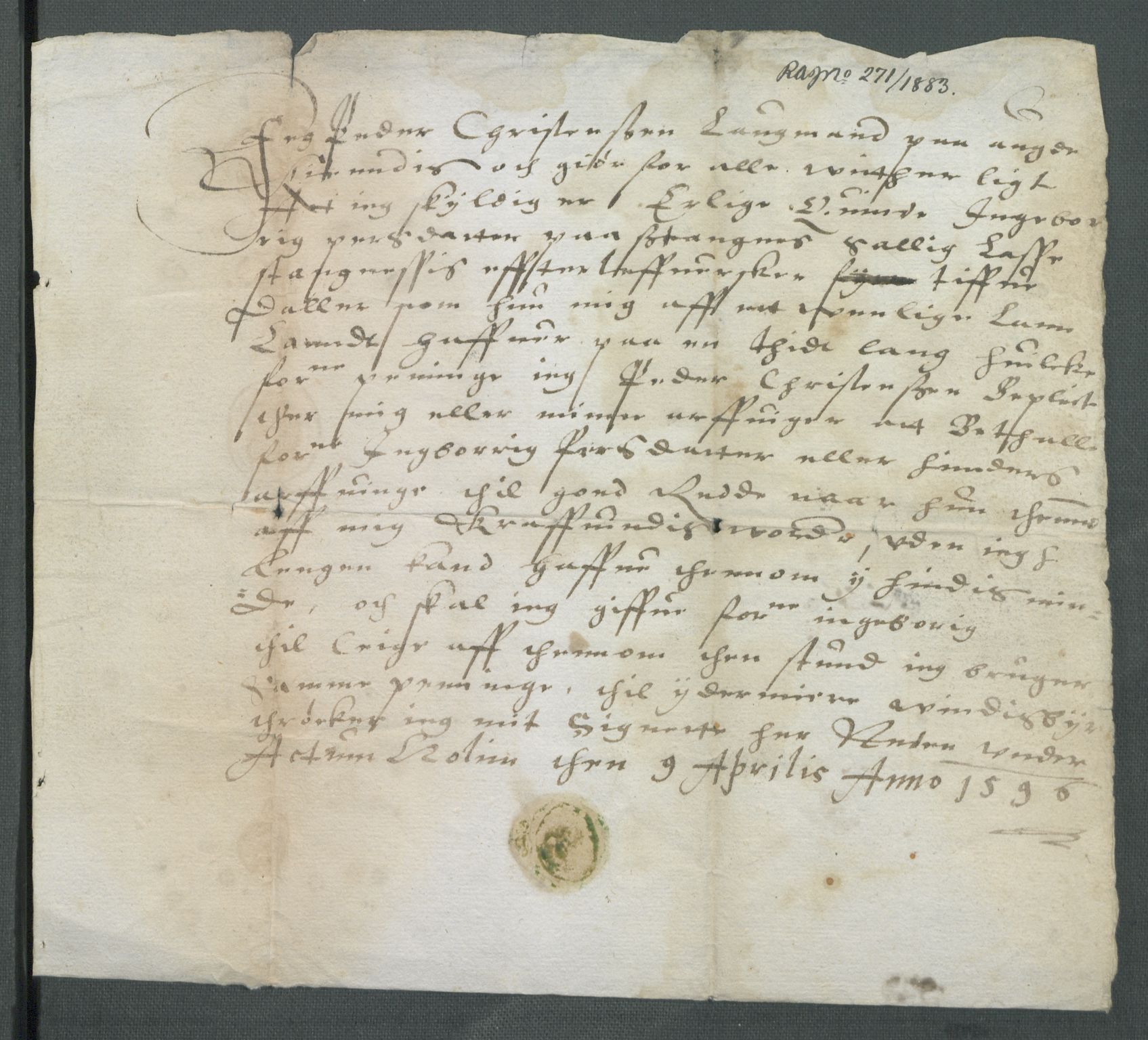 Riksarkivets diplomsamling, AV/RA-EA-5965/F02/L0101: Dokumenter, 1596, p. 13