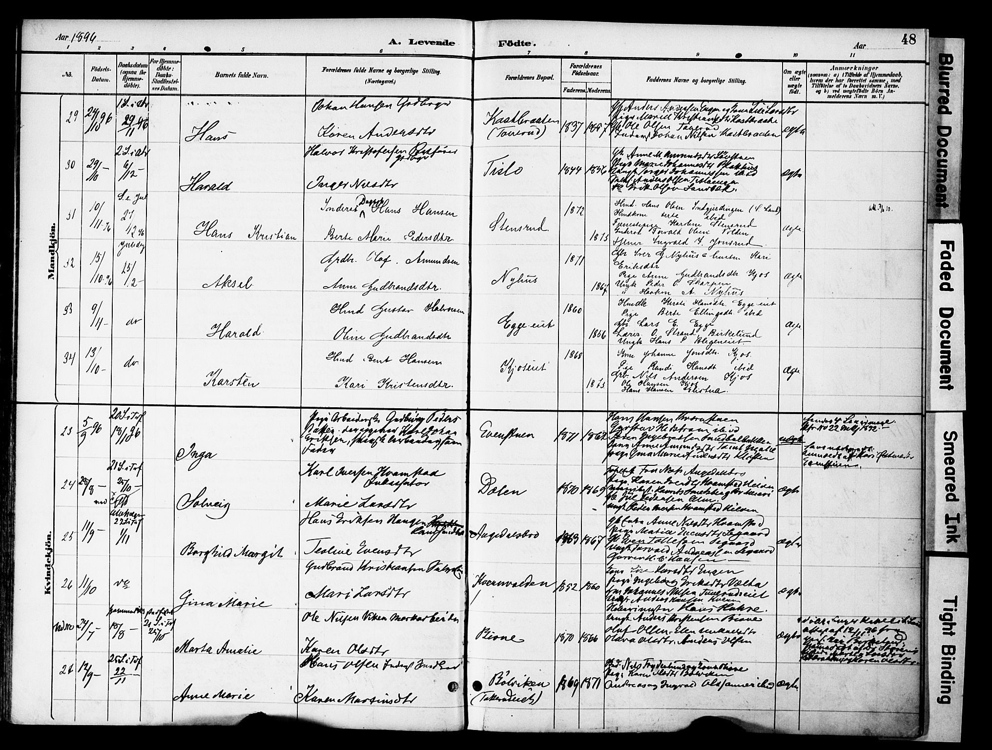 Gran prestekontor, SAH/PREST-112/H/Ha/Haa/L0020: Parish register (official) no. 20, 1889-1899, p. 48