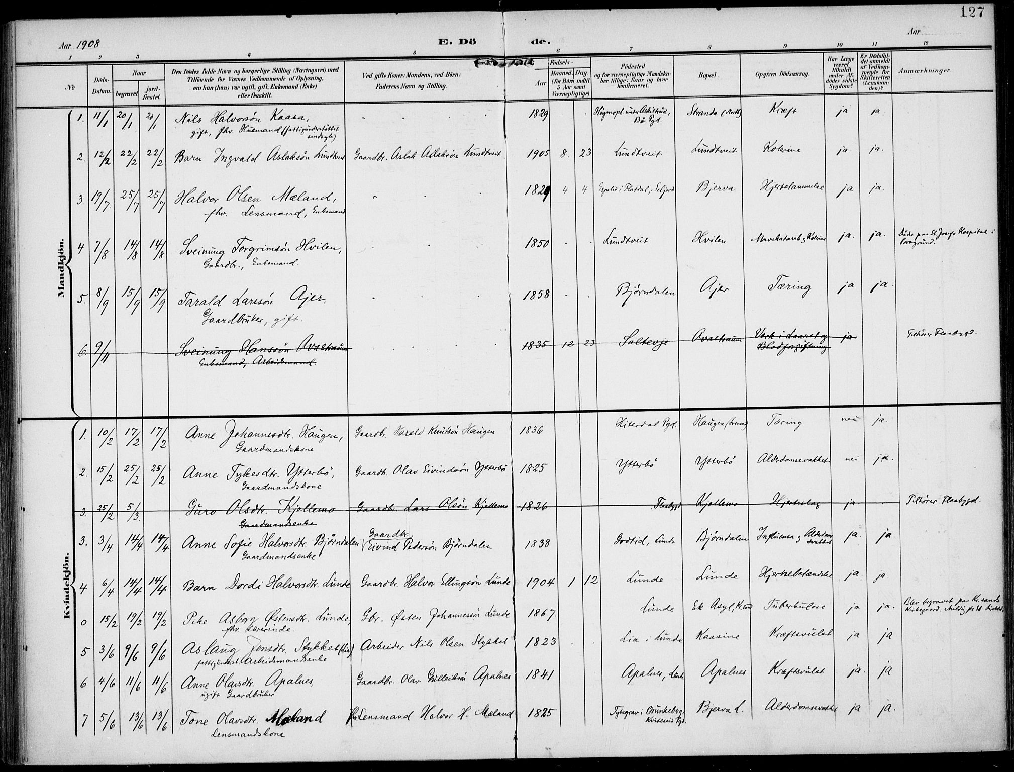 Lunde kirkebøker, AV/SAKO-A-282/F/Fa/L0004: Parish register (official) no. I 4, 1902-1913, p. 127