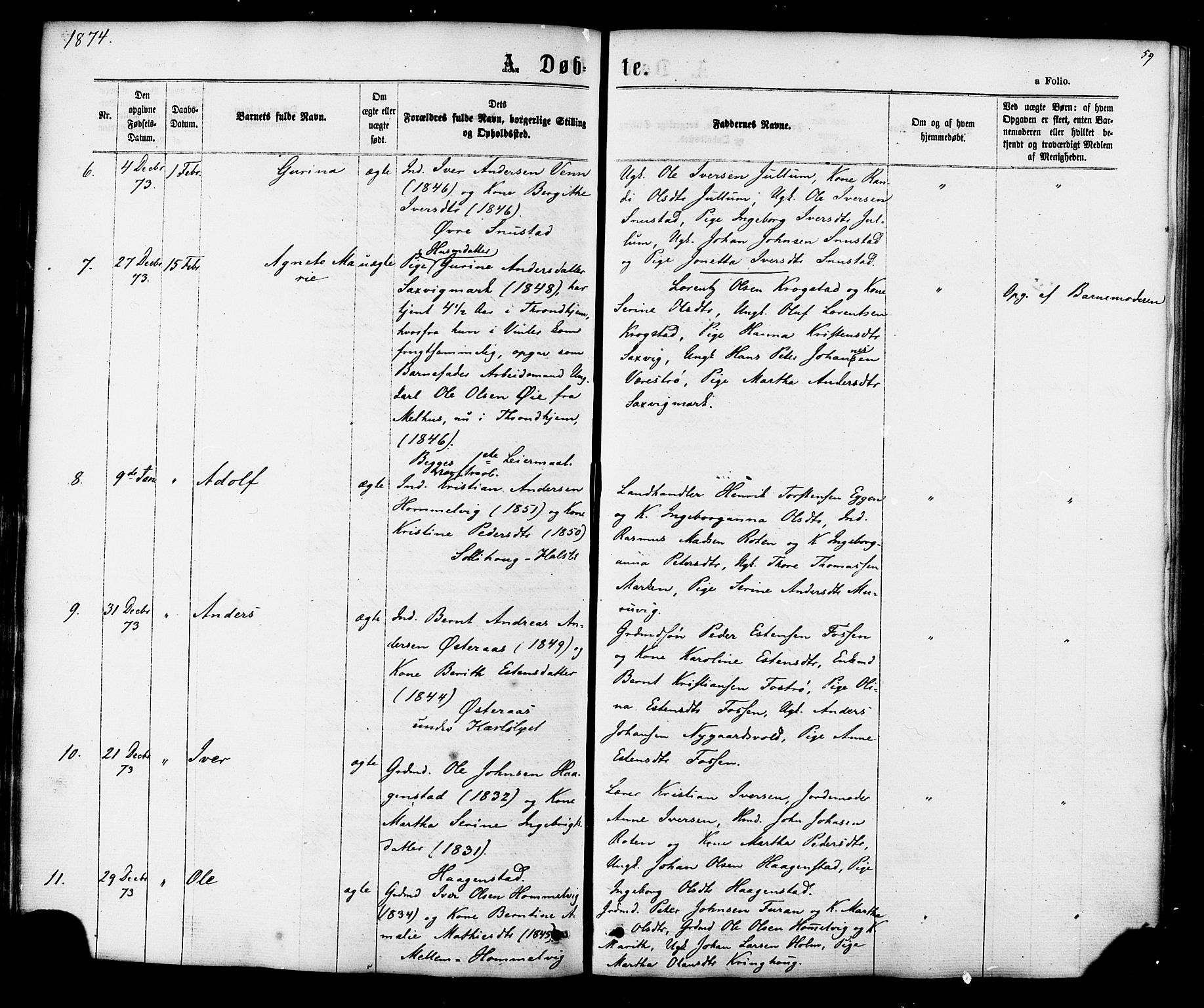 Ministerialprotokoller, klokkerbøker og fødselsregistre - Sør-Trøndelag, SAT/A-1456/616/L0409: Parish register (official) no. 616A06, 1865-1877, p. 59