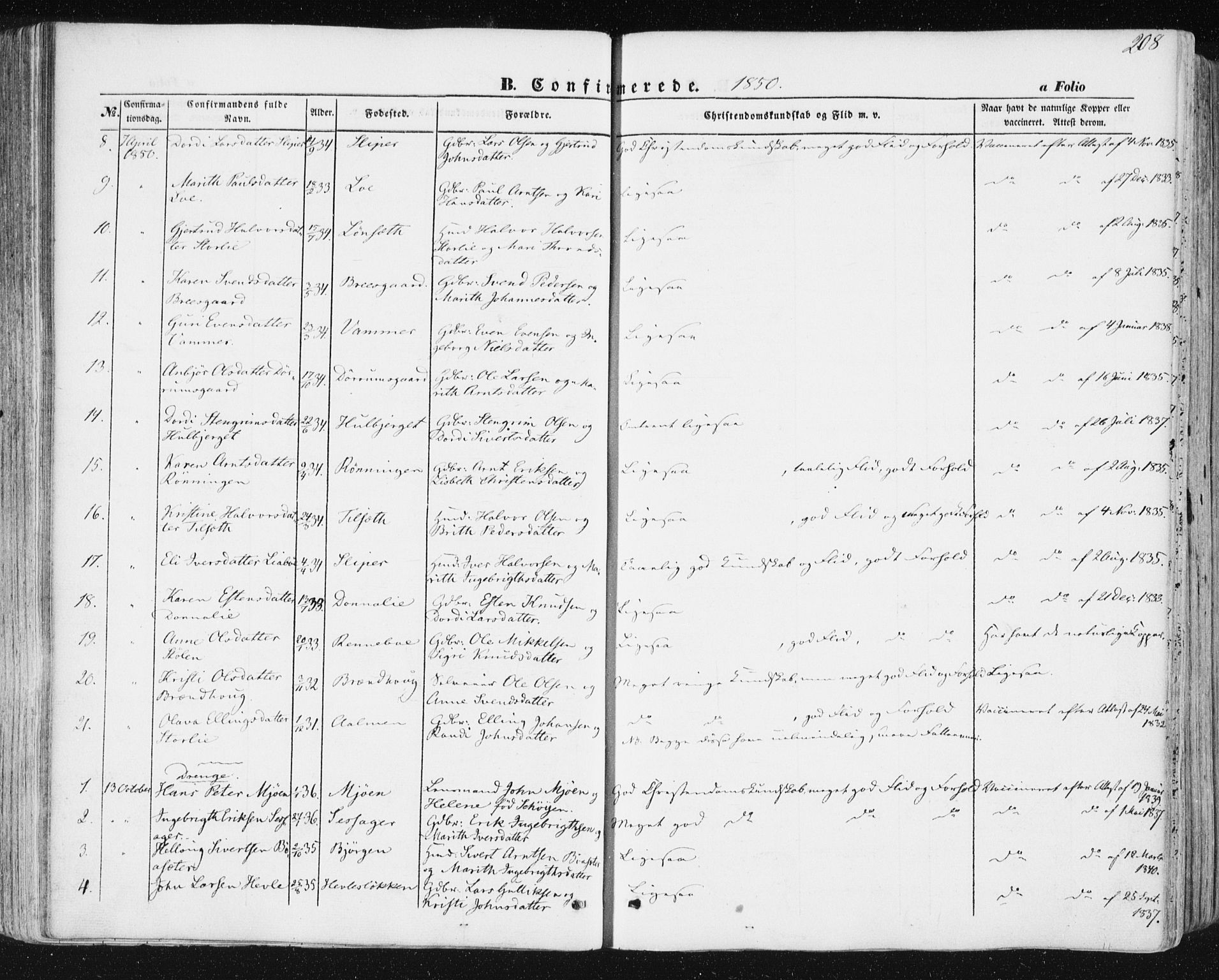 Ministerialprotokoller, klokkerbøker og fødselsregistre - Sør-Trøndelag, AV/SAT-A-1456/678/L0899: Parish register (official) no. 678A08, 1848-1872, p. 208