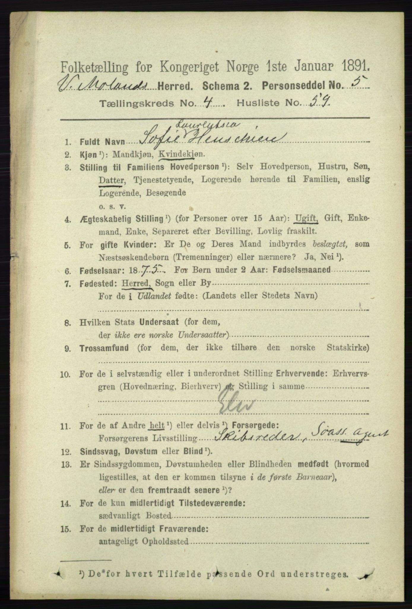 RA, 1891 census for 0926 Vestre Moland, 1891, p. 1647