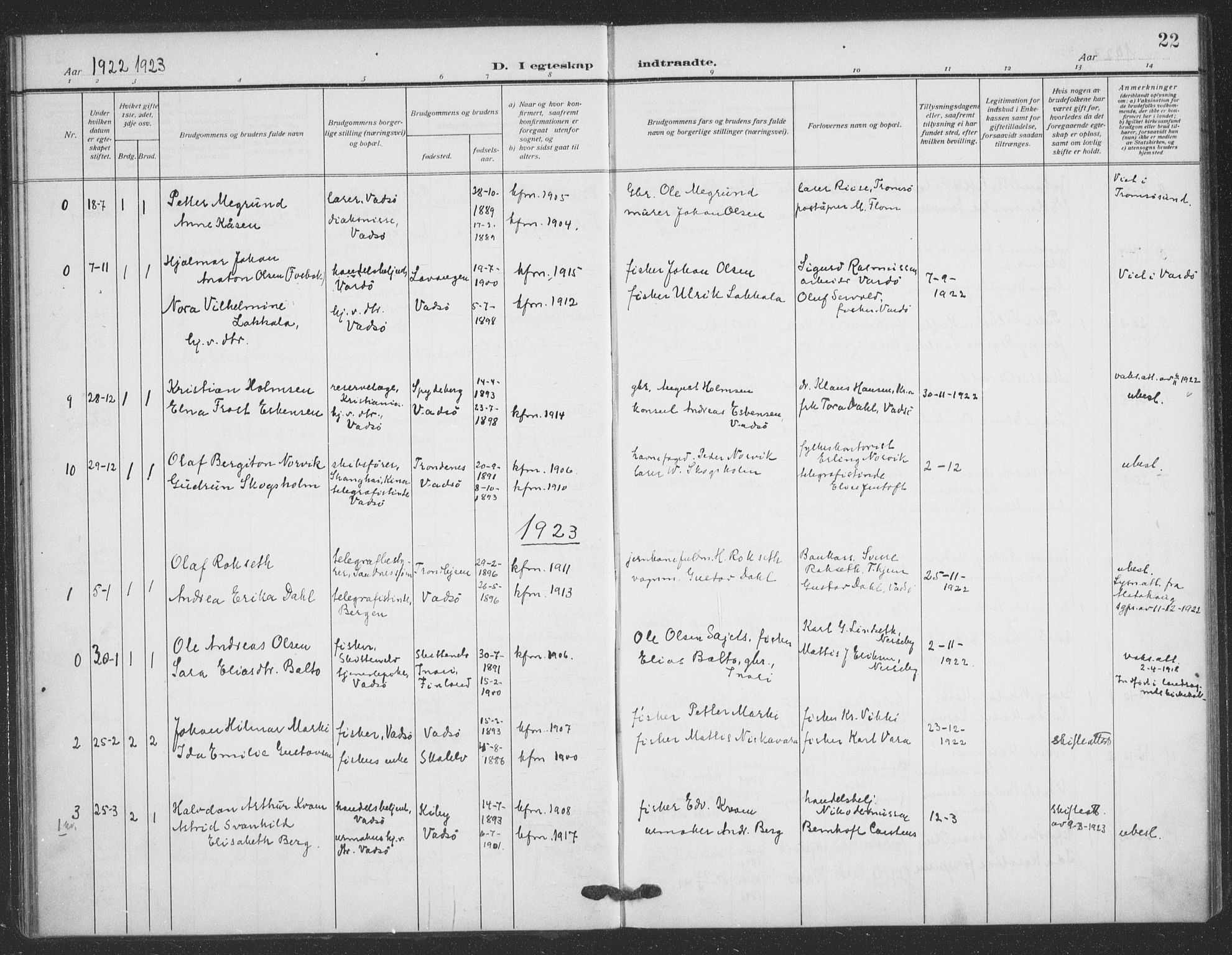 Vadsø sokneprestkontor, SATØ/S-1325/H/Ha/L0008kirke: Parish register (official) no. 8, 1912-1930, p. 22