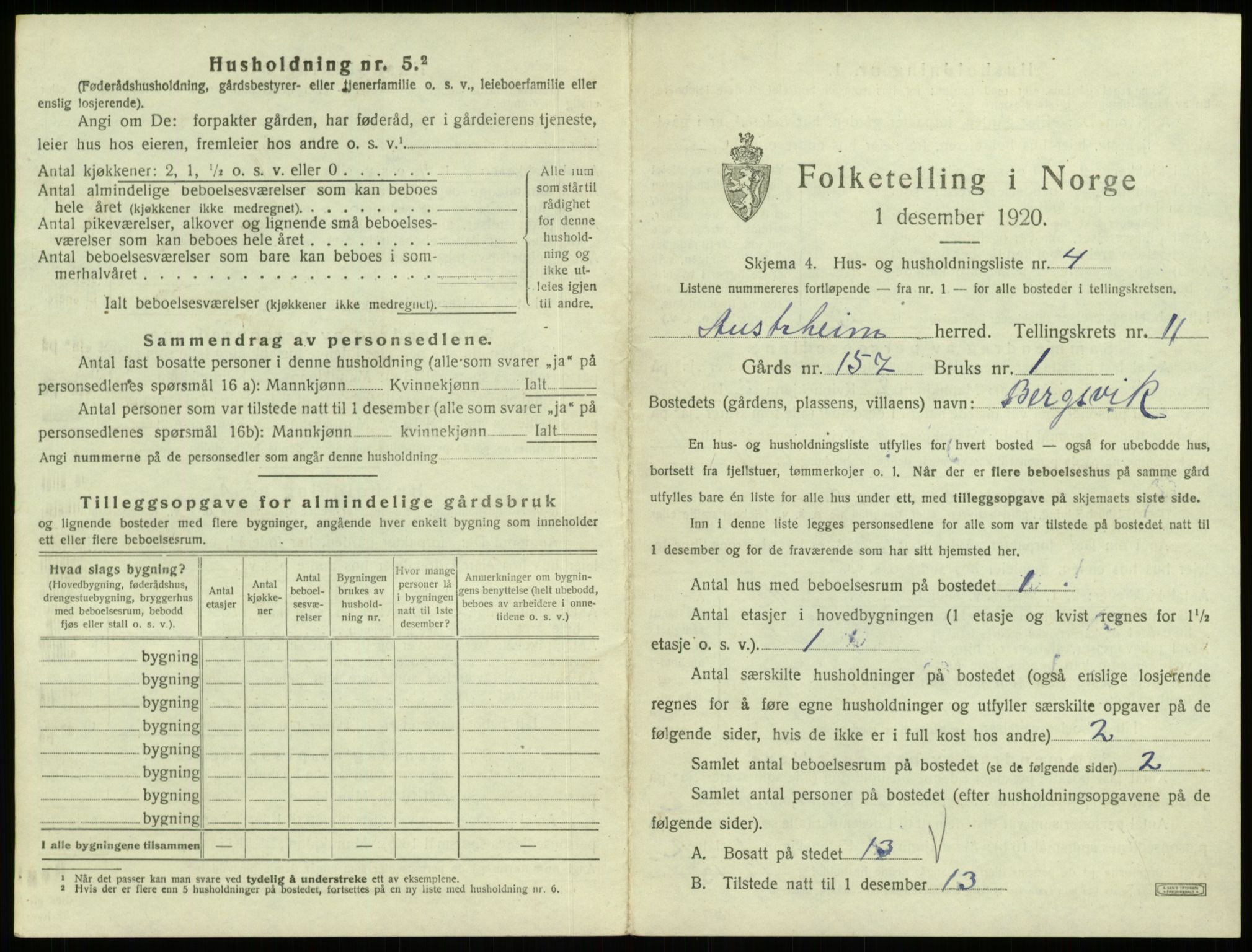 SAB, 1920 census for Austrheim, 1920, p. 537