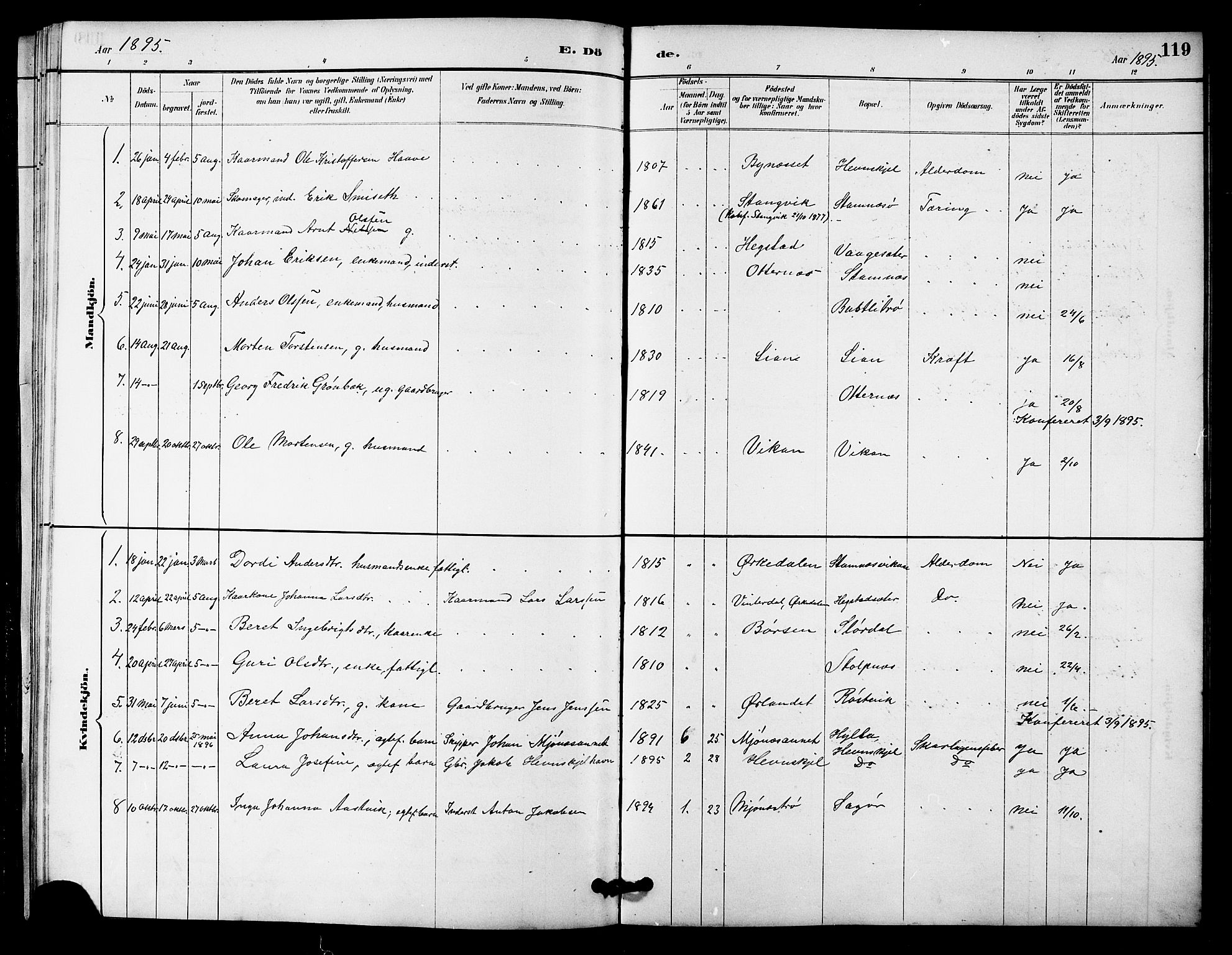 Ministerialprotokoller, klokkerbøker og fødselsregistre - Sør-Trøndelag, SAT/A-1456/633/L0519: Parish register (copy) no. 633C01, 1884-1905, p. 119