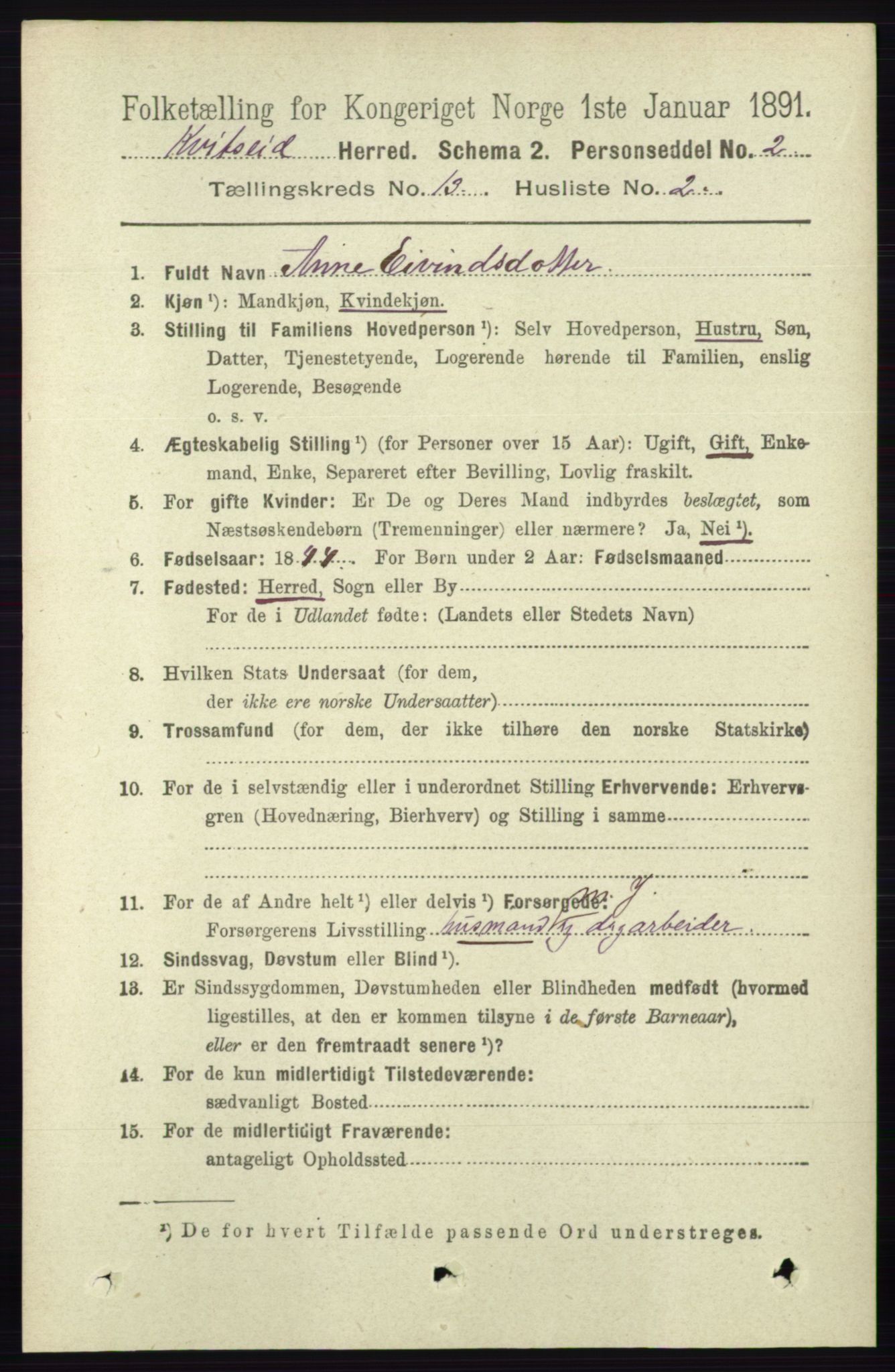 RA, 1891 census for 0829 Kviteseid, 1891, p. 3089