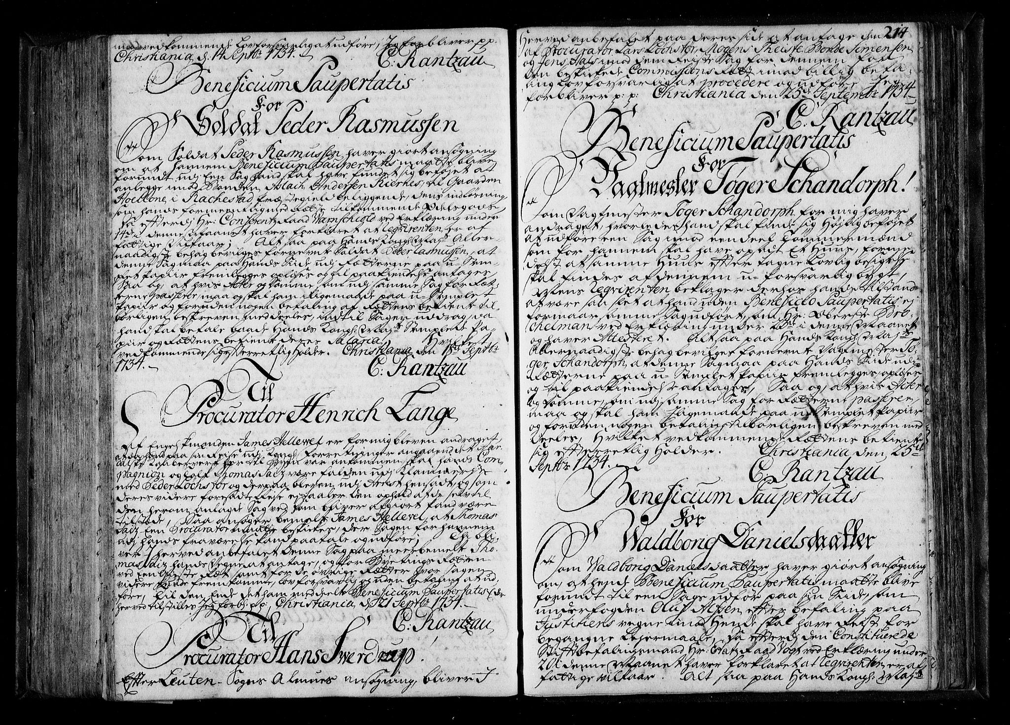 Stattholderembetet 1572-1771, AV/RA-EA-2870/Be/L0011: Kopibok for beneficia paupertatis, 1726-1739, p. 213b-214a