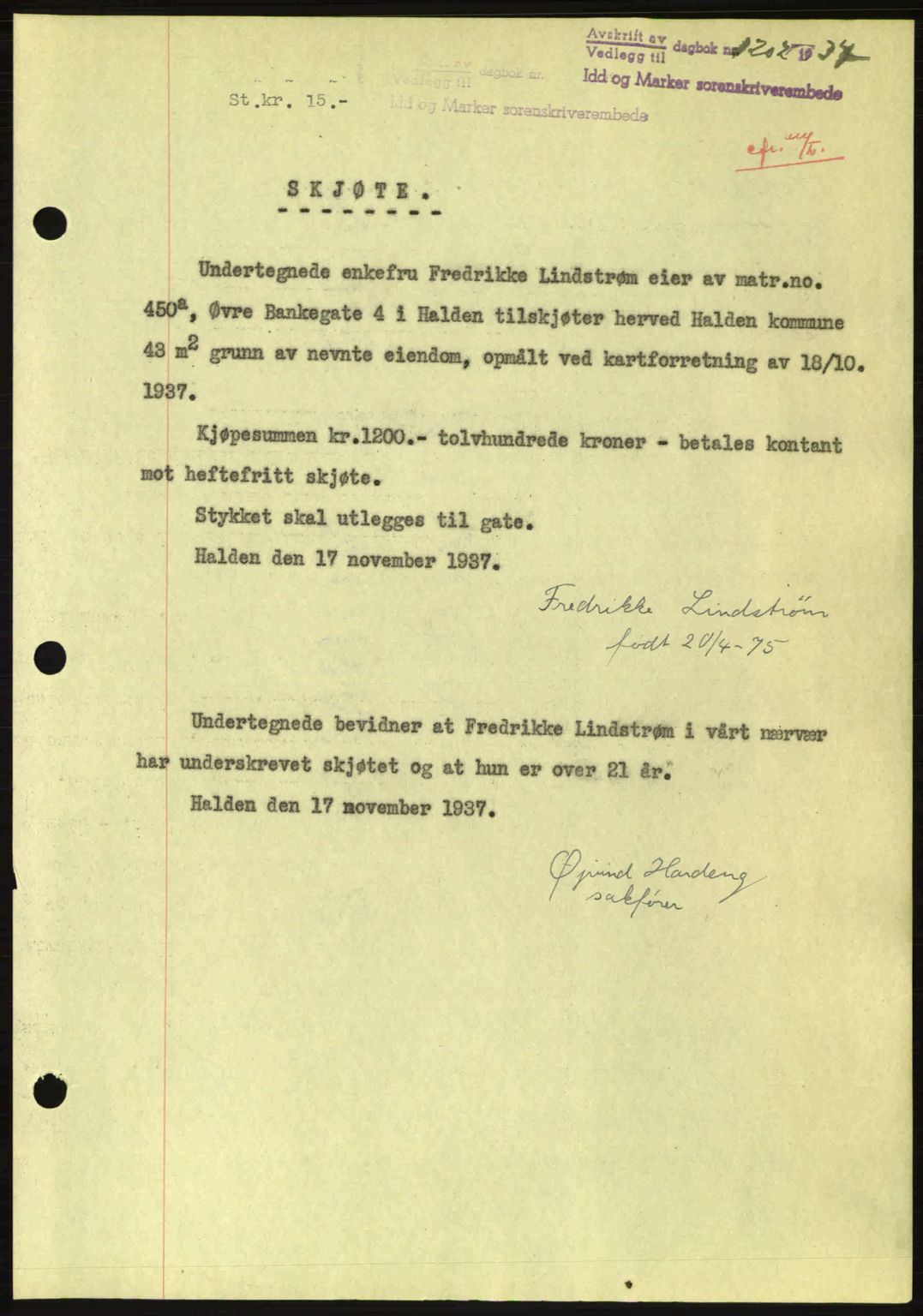 Idd og Marker sorenskriveri, AV/SAO-A-10283/G/Gb/Gbb/L0002: Mortgage book no. A2, 1937-1938, Diary no: : 1202/1937