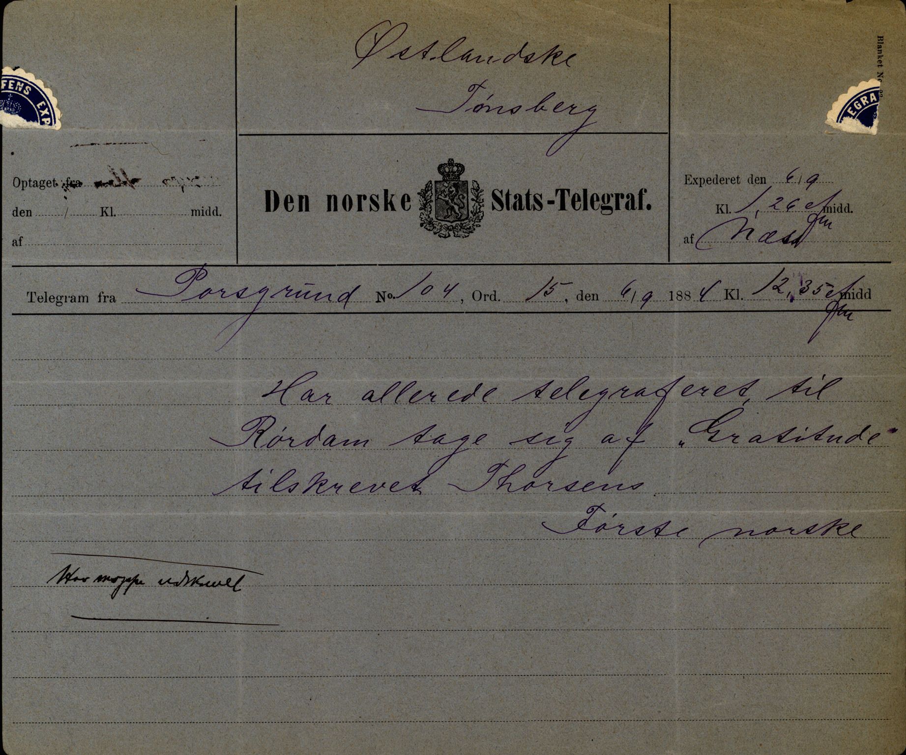 Pa 63 - Østlandske skibsassuranceforening, VEMU/A-1079/G/Ga/L0017/0010: Havaridokumenter / Frithjof, Grid, Gratitude, Gaselle, Garibaldi, 1884, p. 16