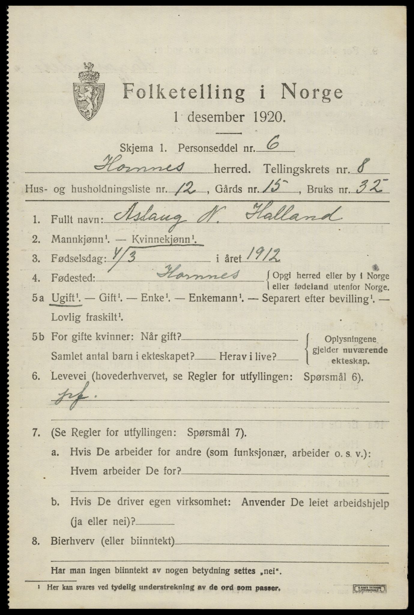 SAK, 1920 census for Hornnes, 1920, p. 2007