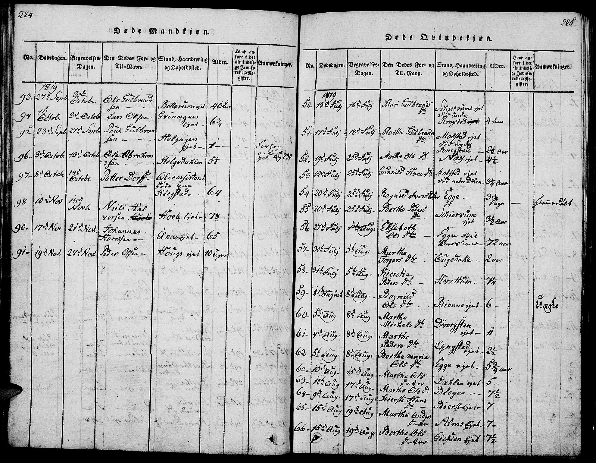 Gran prestekontor, AV/SAH-PREST-112/H/Ha/Hab/L0001: Parish register (copy) no. 1, 1815-1824, p. 224-225