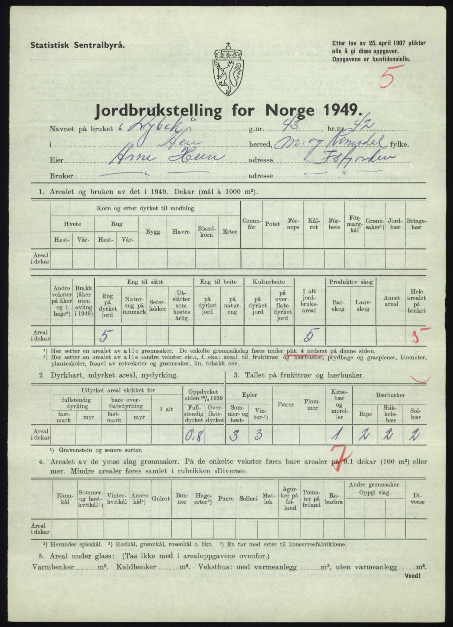Statistisk sentralbyrå, Næringsøkonomiske emner, Jordbruk, skogbruk, jakt, fiske og fangst, AV/RA-S-2234/G/Gc/L0323: Møre og Romsdal: Grytten og Hen, 1949, p. 515
