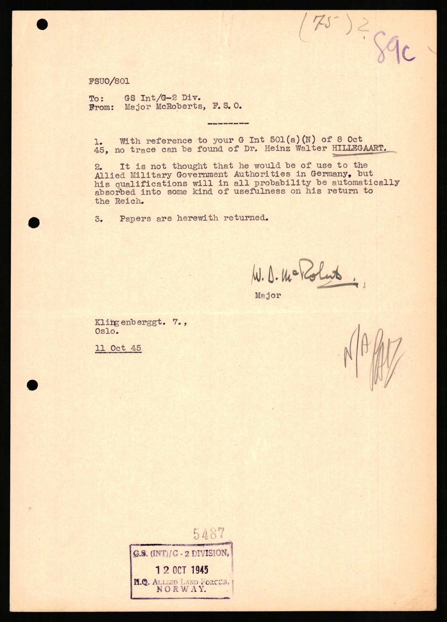 Forsvaret, Forsvarets overkommando II, AV/RA-RAFA-3915/D/Db/L0013: CI Questionaires. Tyske okkupasjonsstyrker i Norge. Tyskere., 1945-1946, p. 269