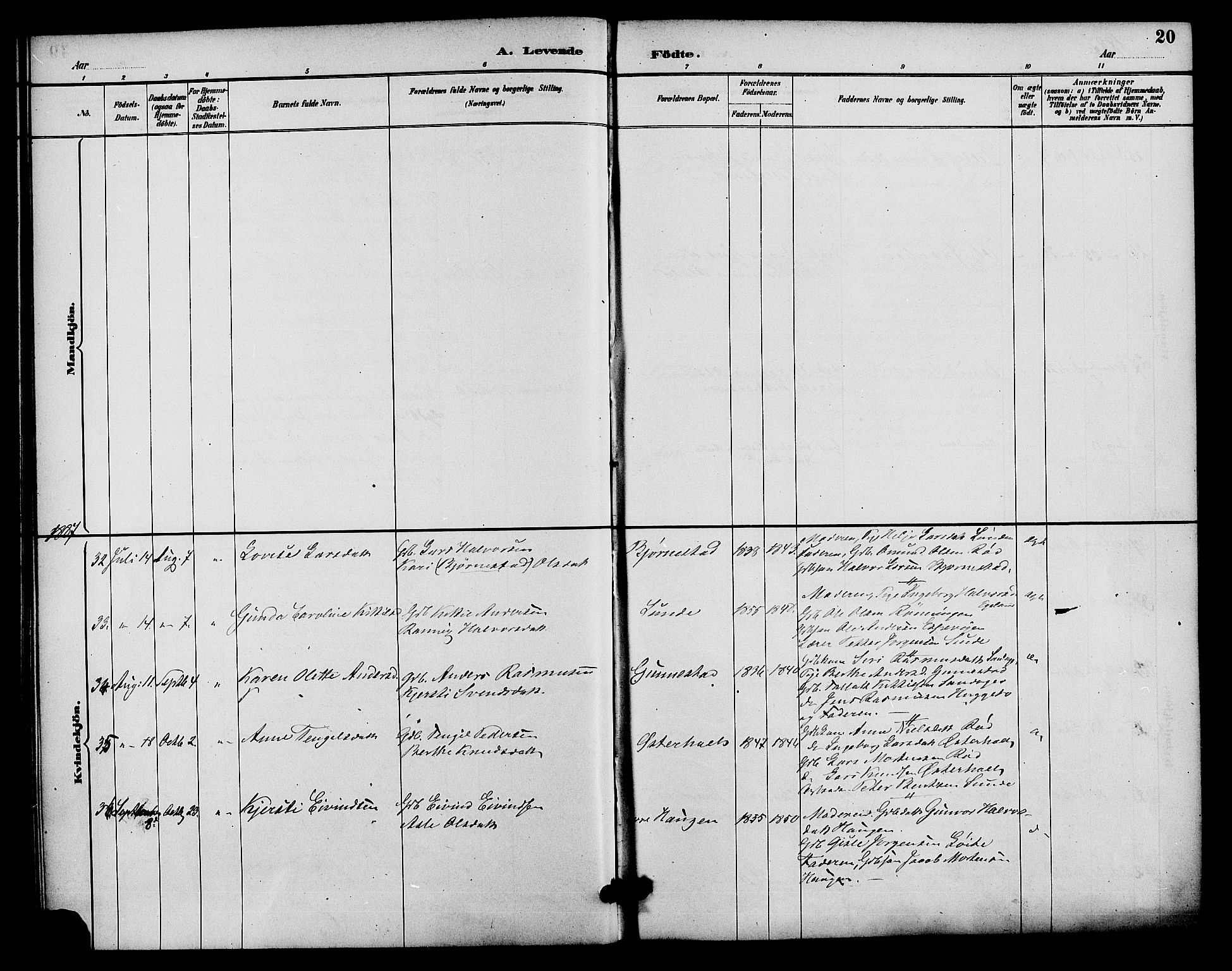 Gjerstad sokneprestkontor, AV/SAK-1111-0014/F/Fa/Faa/L0009: Parish register (official) no. A 9, 1885-1890, p. 20