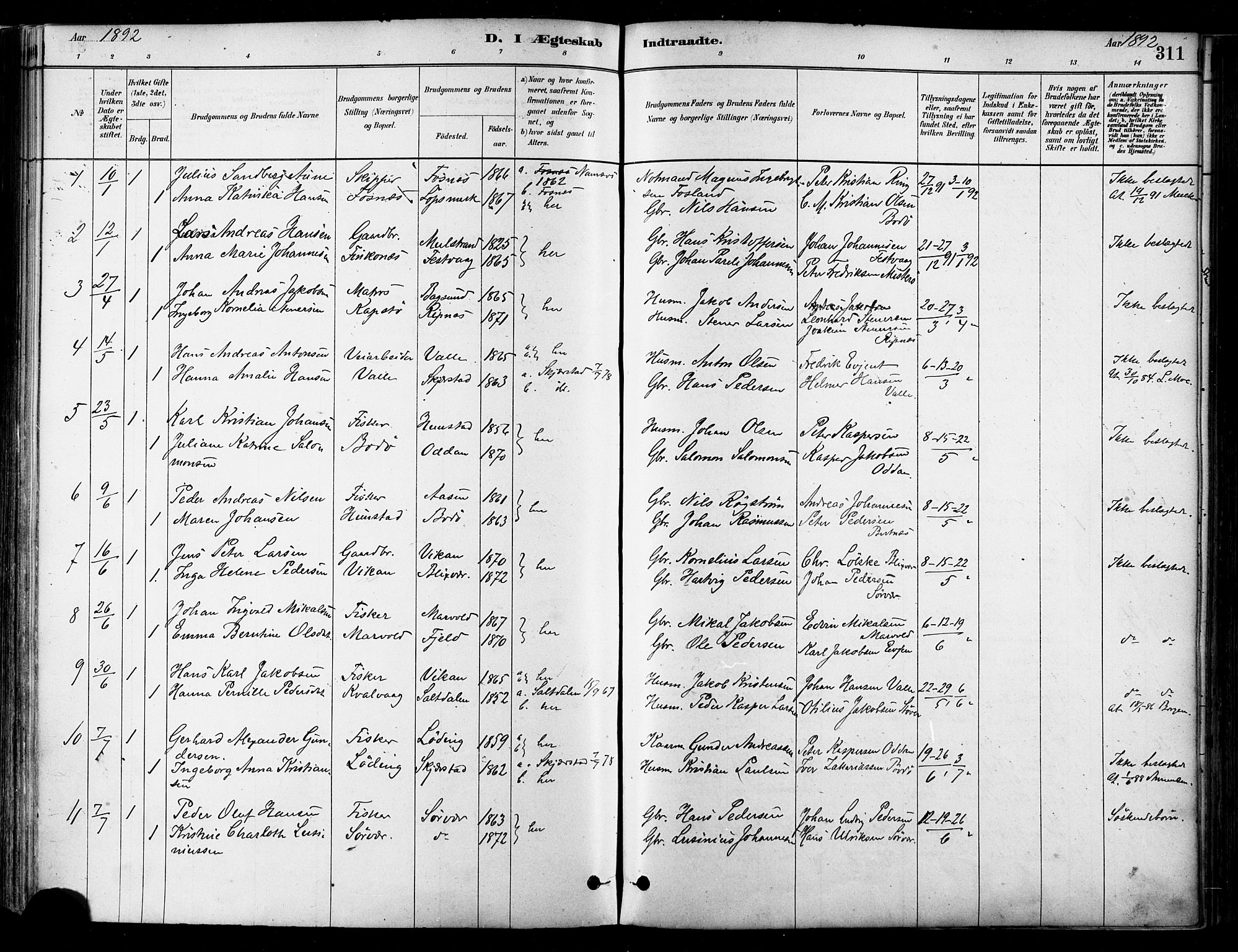 Ministerialprotokoller, klokkerbøker og fødselsregistre - Nordland, SAT/A-1459/802/L0054: Parish register (official) no. 802A01, 1879-1893, p. 311