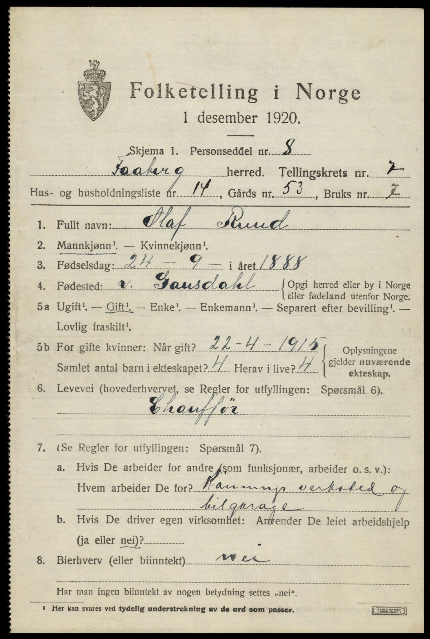 SAH, 1920 census for Fåberg, 1920, p. 7990