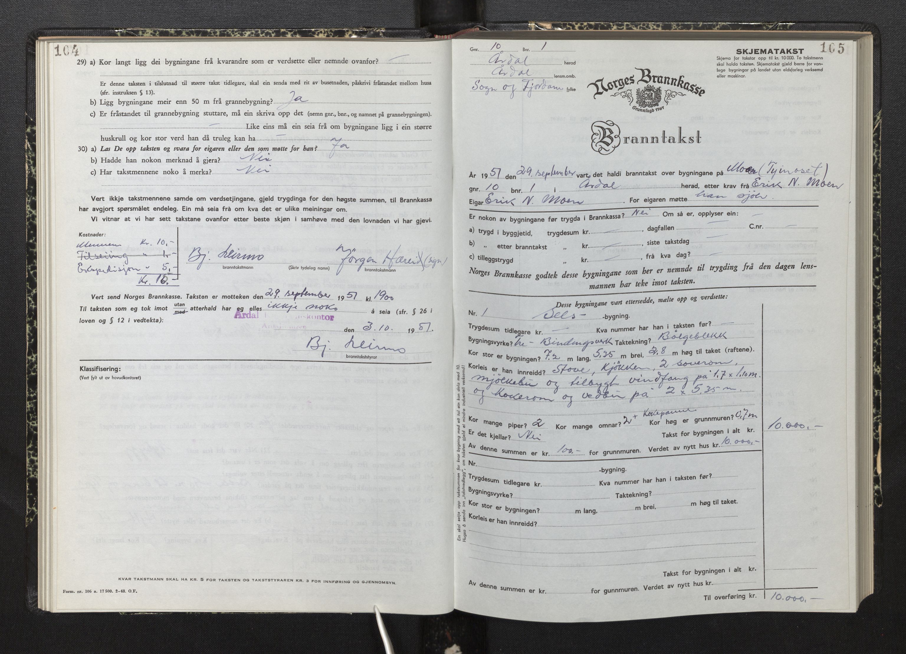 Lensmannen i Årdal, AV/SAB-A-30501/0012/L0012: Branntakstprotokoll, skjematakst, 1949-1955, p. 104-105