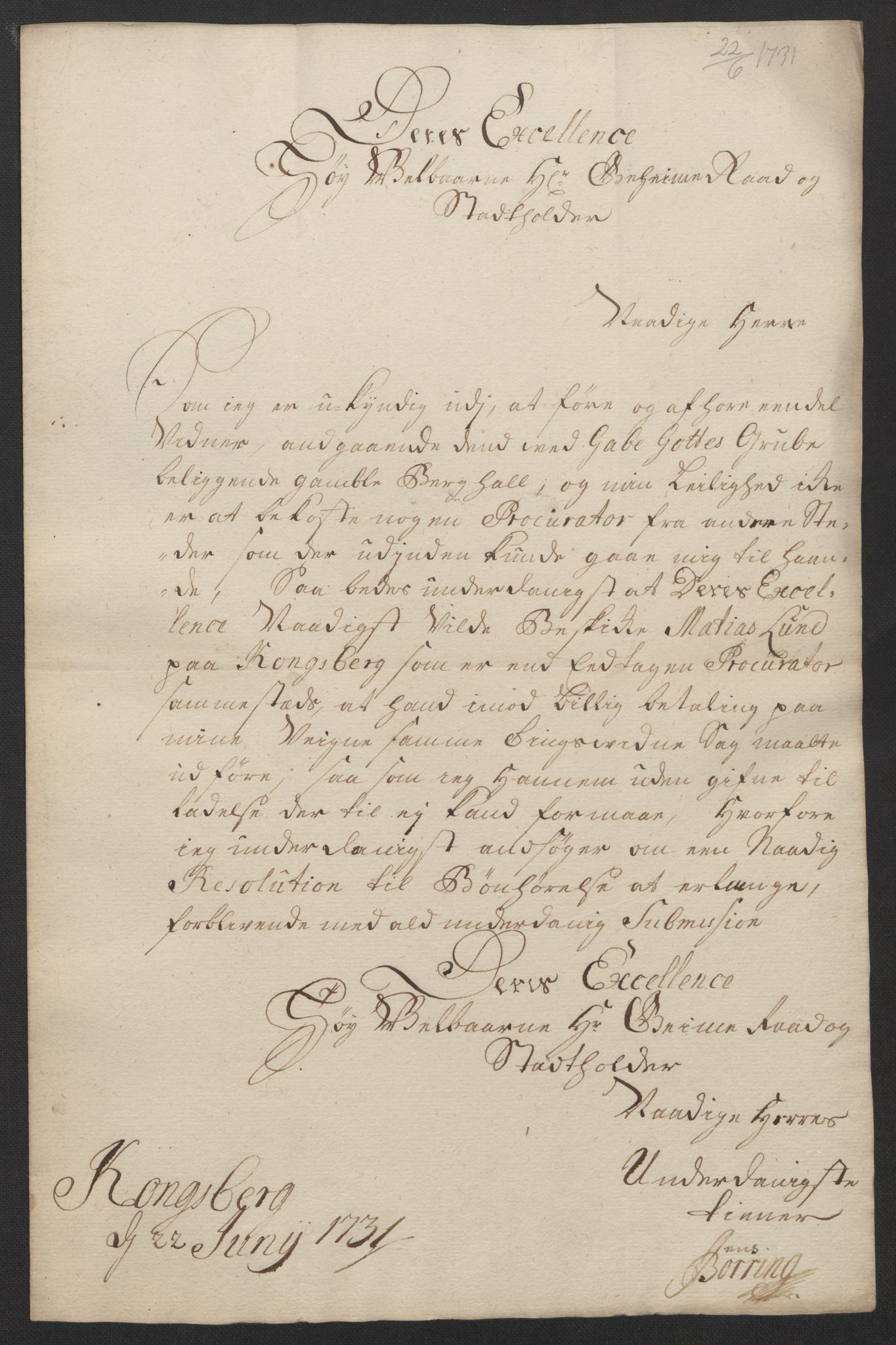 Stattholderembetet 1572-1771, AV/RA-EA-2870/Ef/L0106: Brev fra embetsmenn og andre, 1730-1732, p. 168