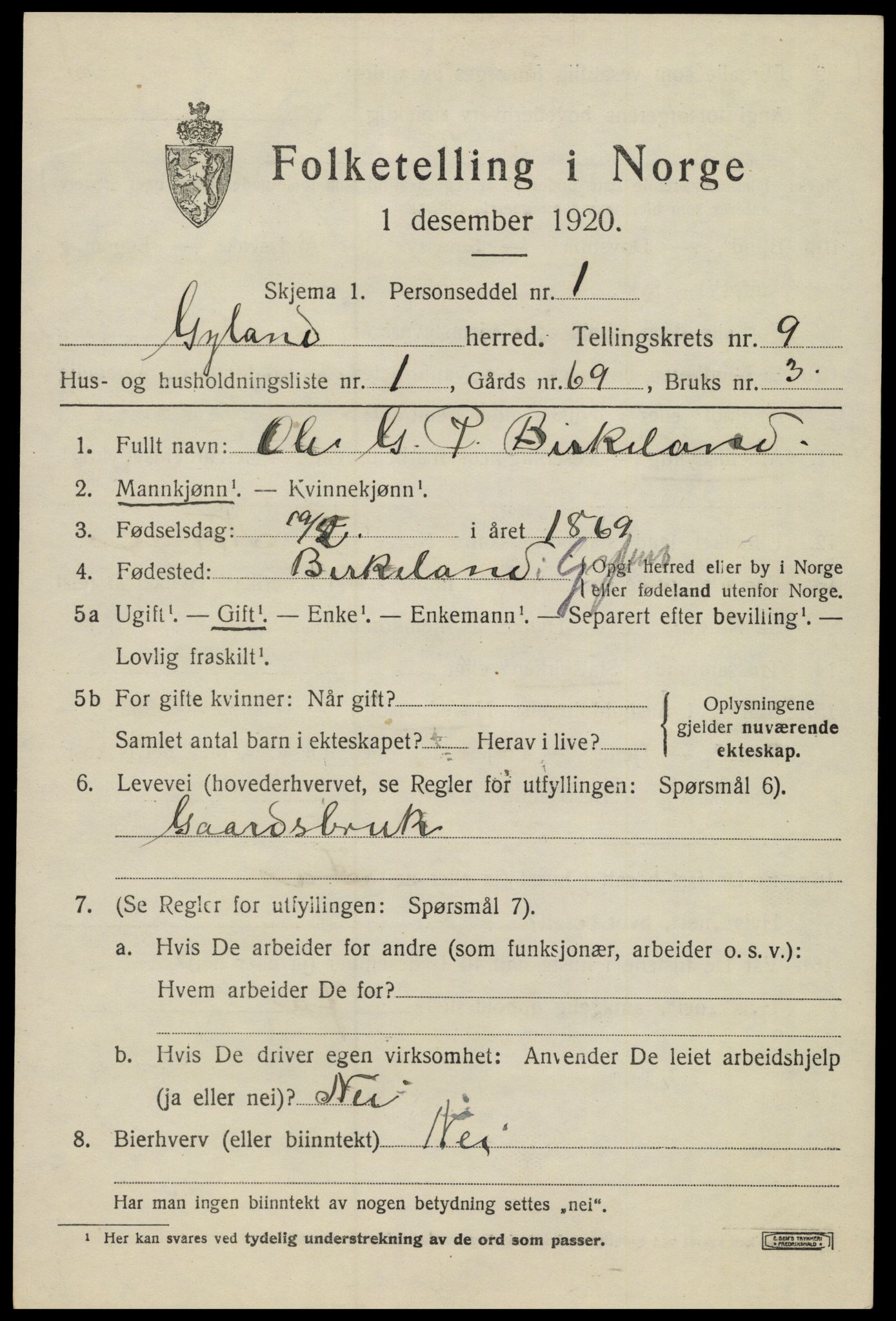 SAK, 1920 census for Gyland, 1920, p. 1982