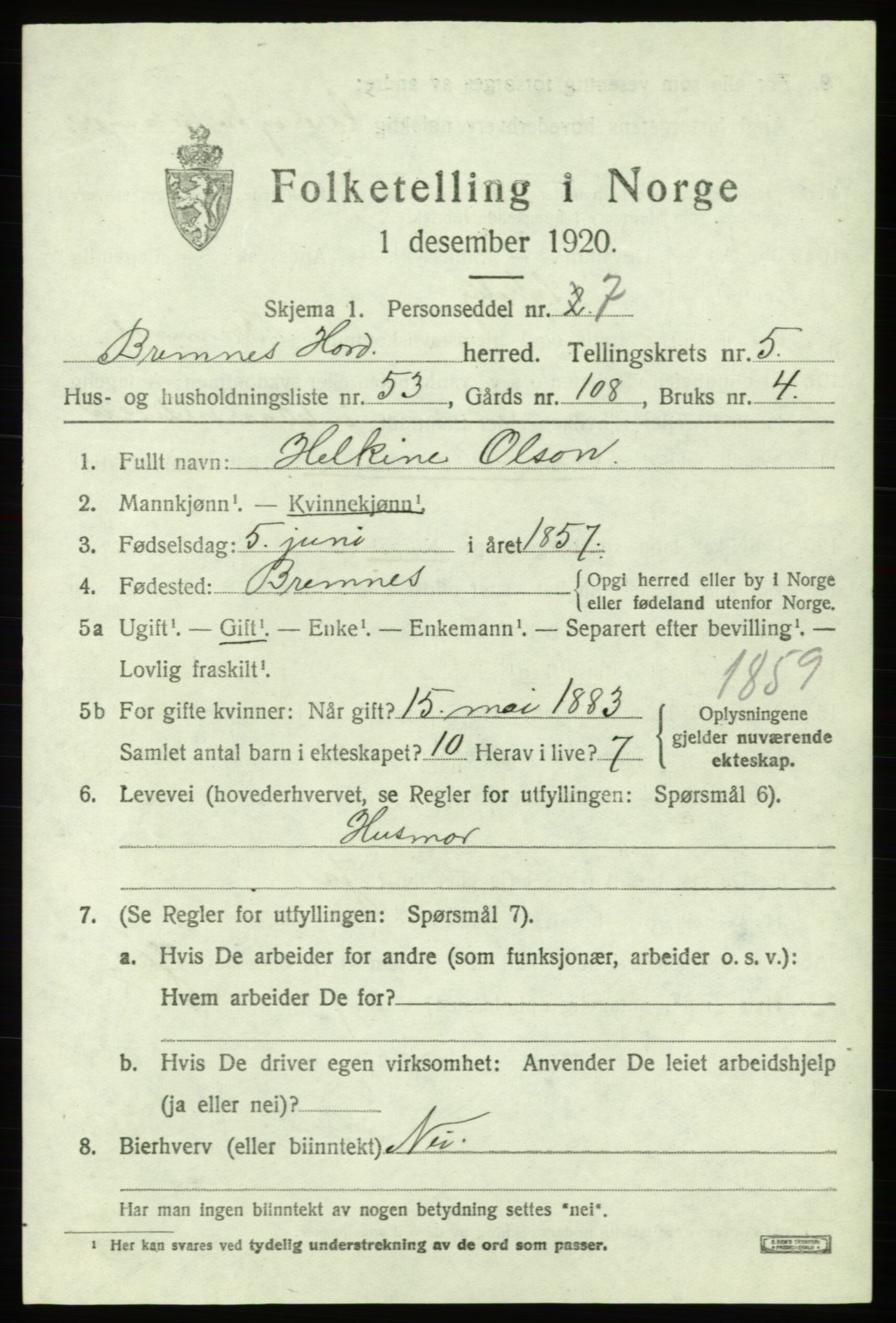 SAB, 1920 census for Bremnes, 1920, p. 3254