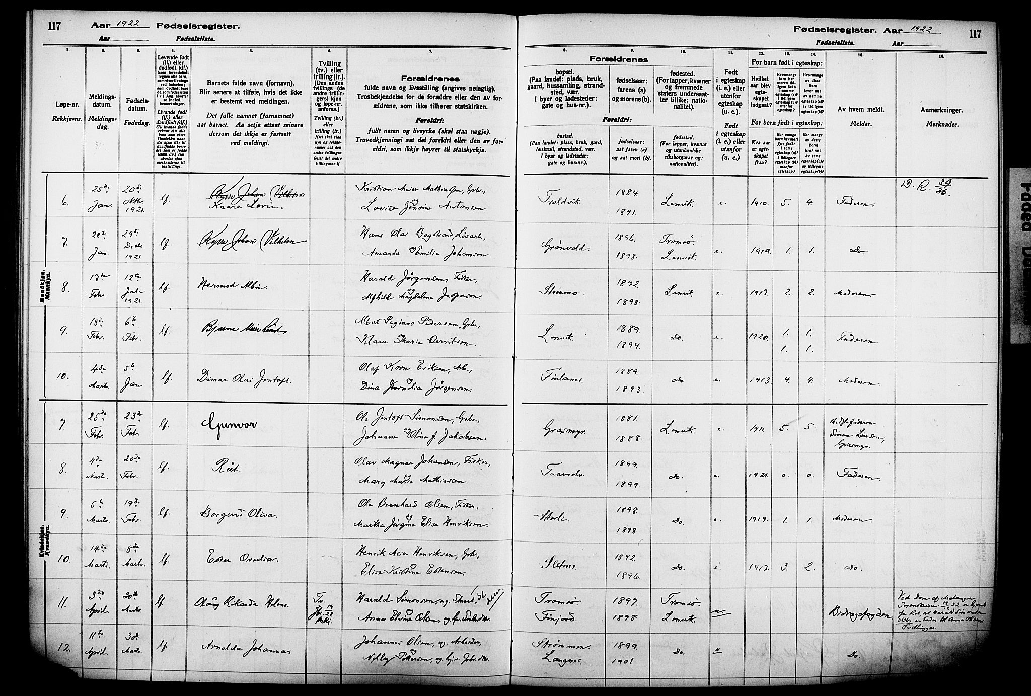 Lenvik sokneprestembete, AV/SATØ-S-1310/I/Ic/L0089: Birth register no. 89, 1916-1926, p. 117