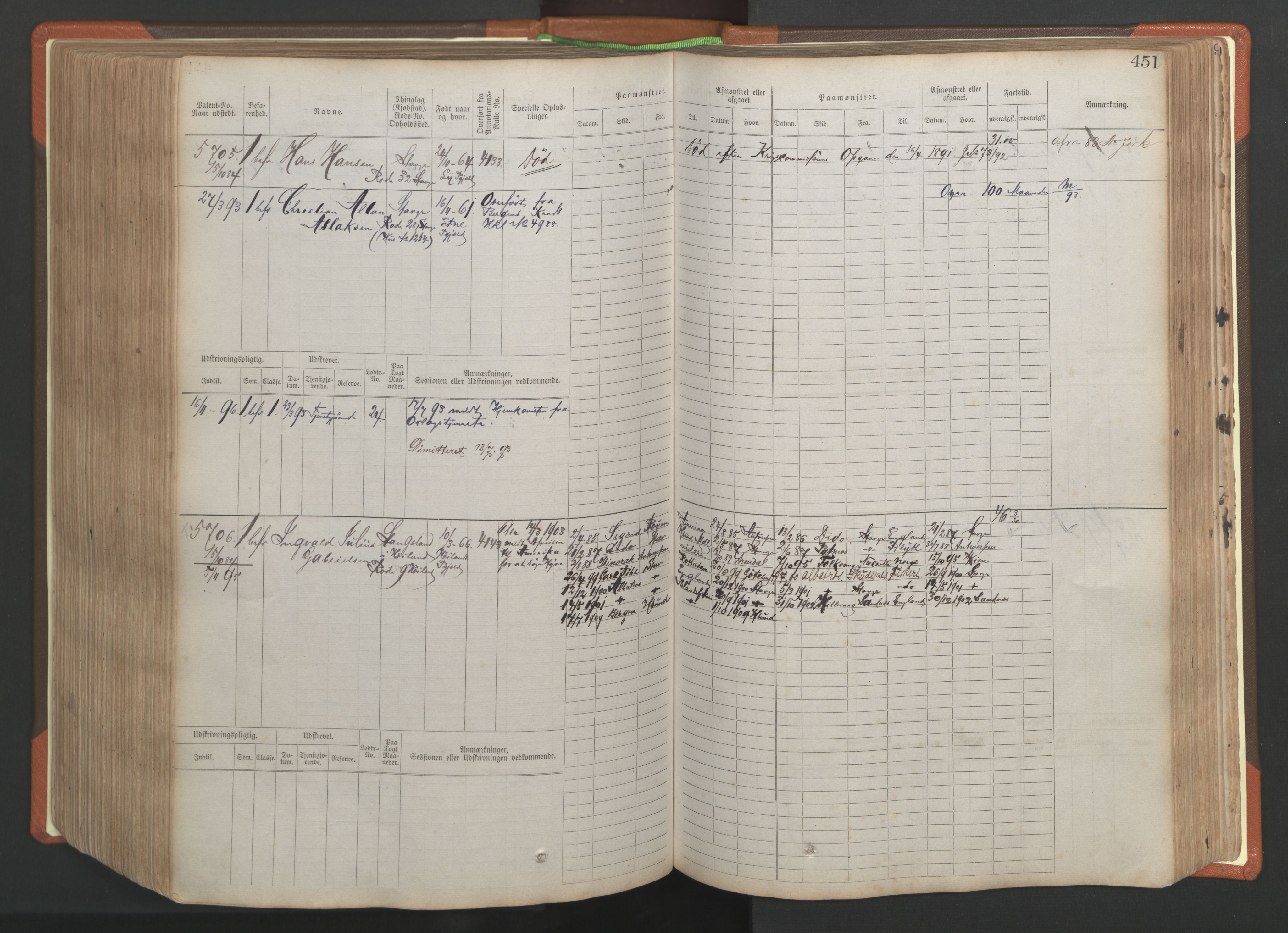 Stavanger sjømannskontor, AV/SAST-A-102006/F/Fb/Fbb/L0009: Sjøfartshovedrulle, patentnr. 4805-6006, 1879-1887, p. 457