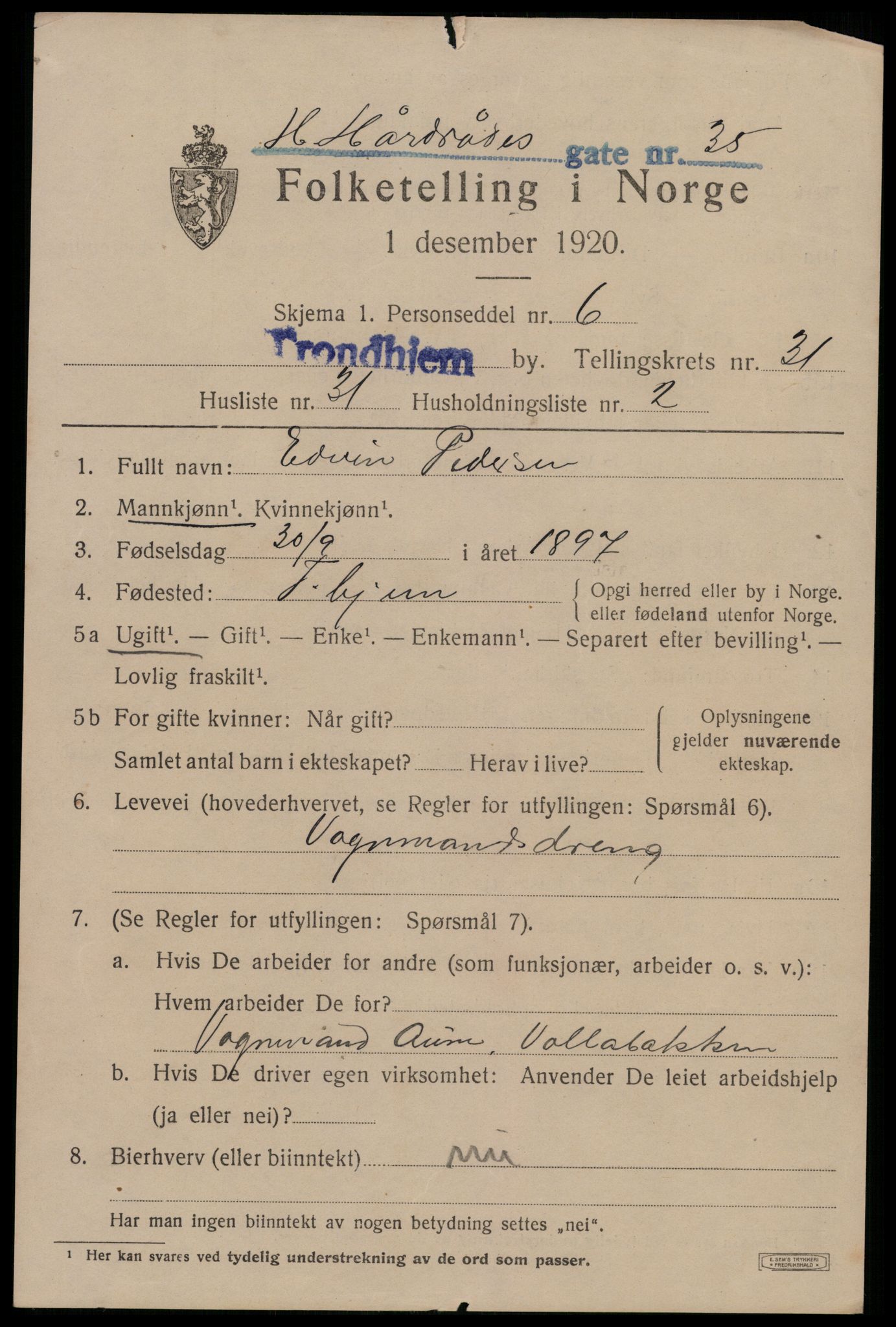 SAT, 1920 census for Trondheim, 1920, p. 77198